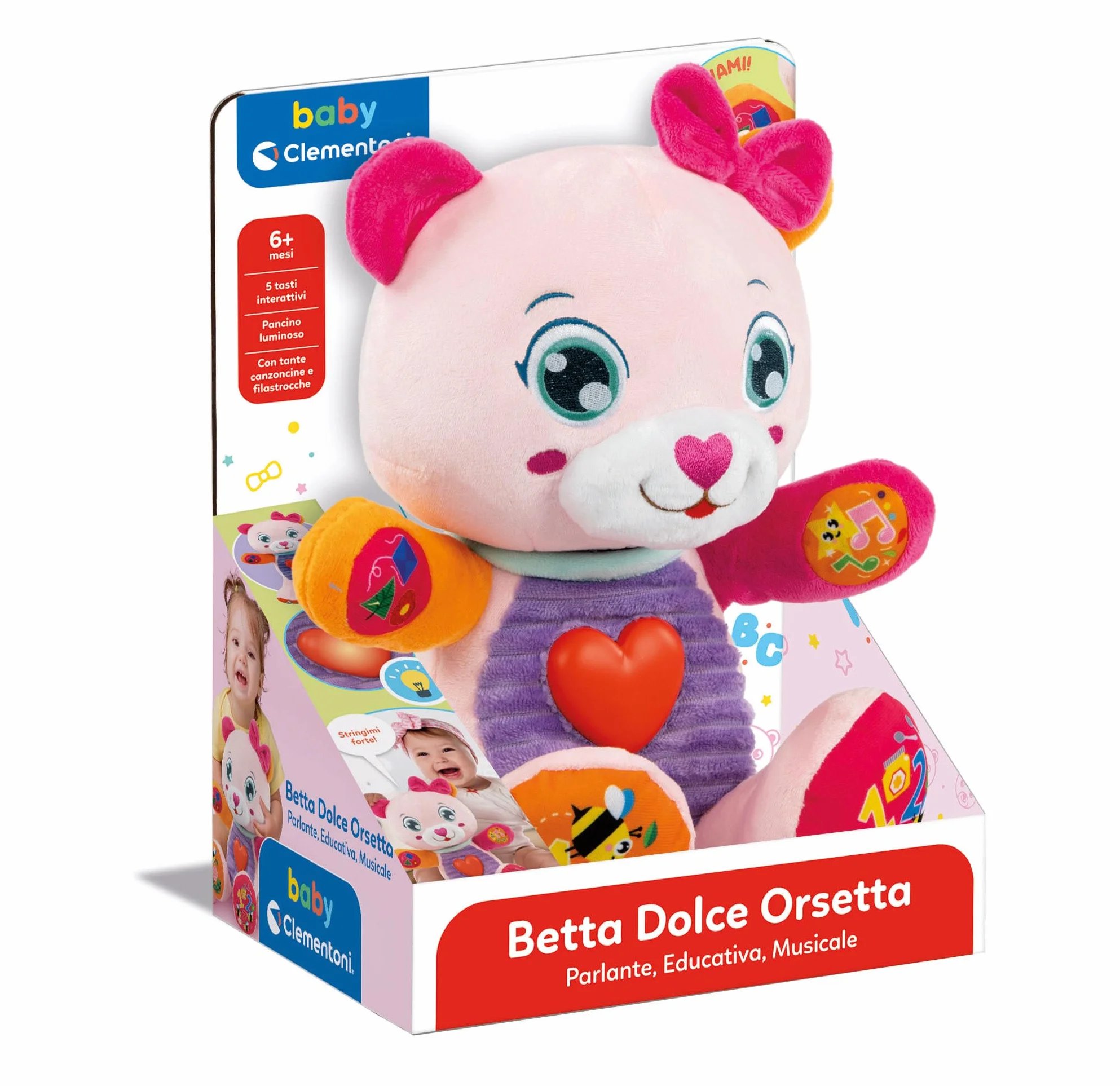 Clementoni Baby Betta Dolce Orsetta, Peluche Interattivo Parlante per Bambini di 6+ Mesi, Centro attività Che Stimola Lo Sviluppo Sensoriale e Cognitivo, Lingua Italiana, 17964