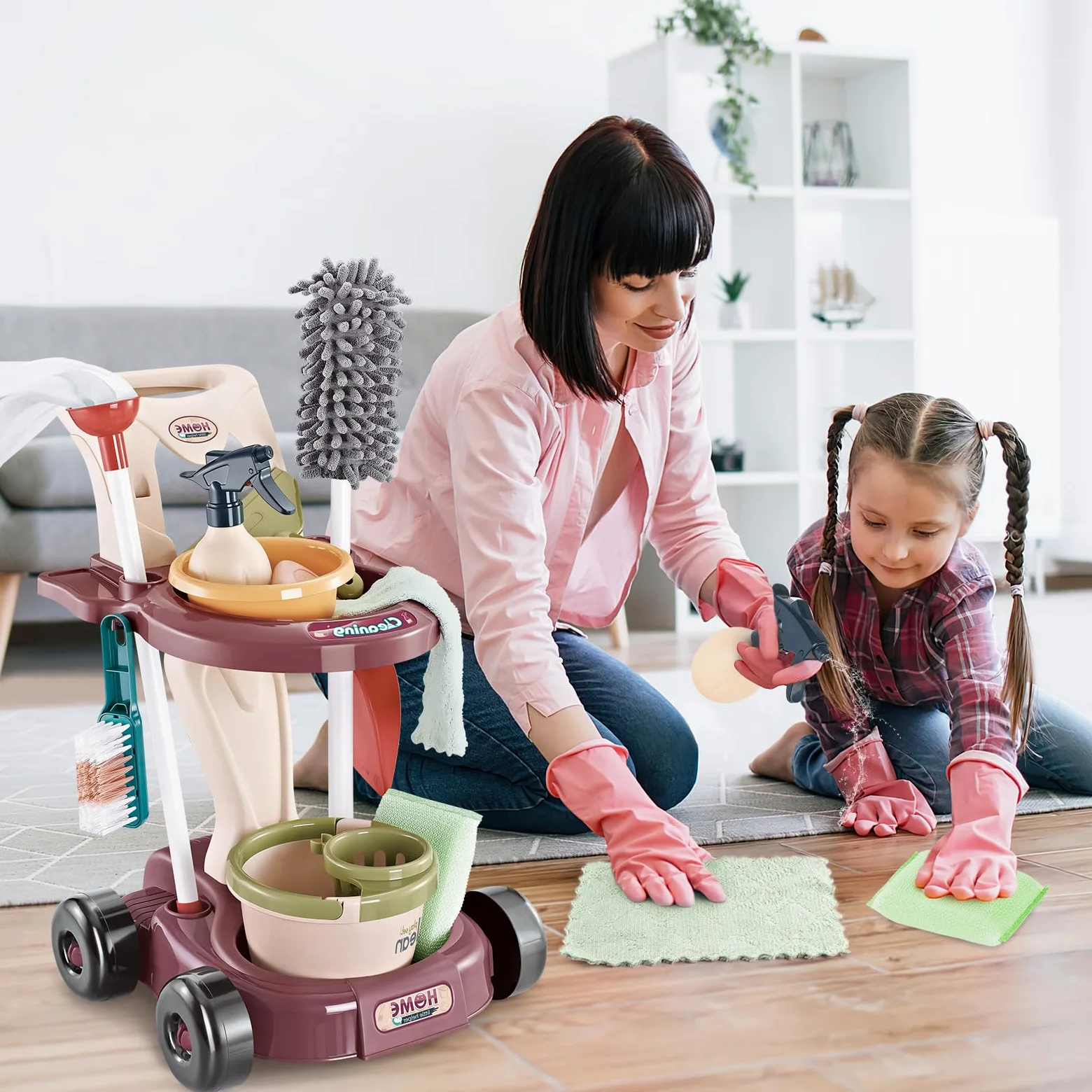 deAO Kit di Pulizia per Bambini, Carrello di Pulizia Staccabile con Scopa, Paletta, Spruzzatore, Giocattoli per Bambini, Gioco di Ruolo, Regalo 3 Anni+