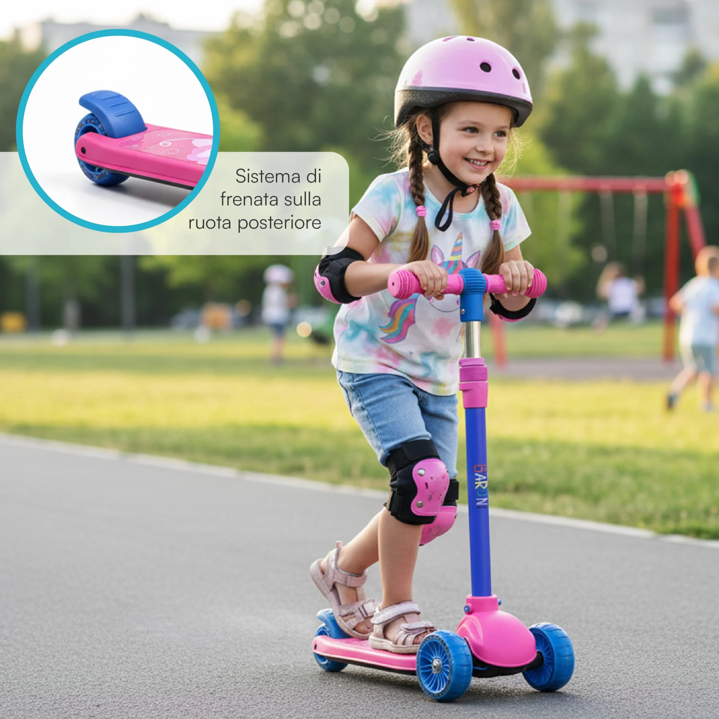 Baroni Toys Monopattino 3 Ruote per Bambini dai 3 Anni, Ruote LED Luminose, Manubrio Regolabile 3 Altezze, Freno Posteriore, 52x25x81cm