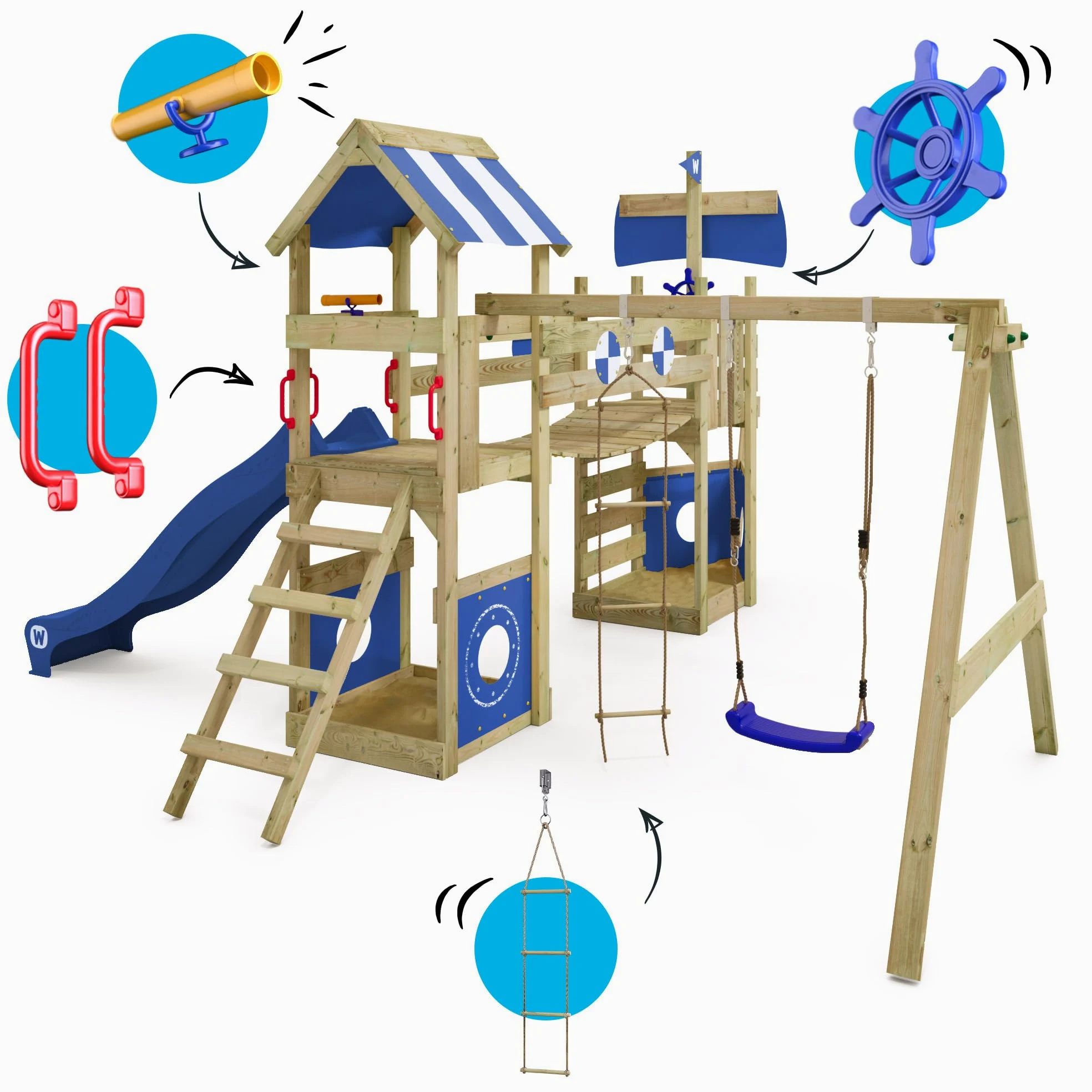 Gioco da giardino WICKEY StormFlyer con altalena e scivolo blu, struttura da esterno per bambini con sabbiere, scaletta e accessori da gioco
