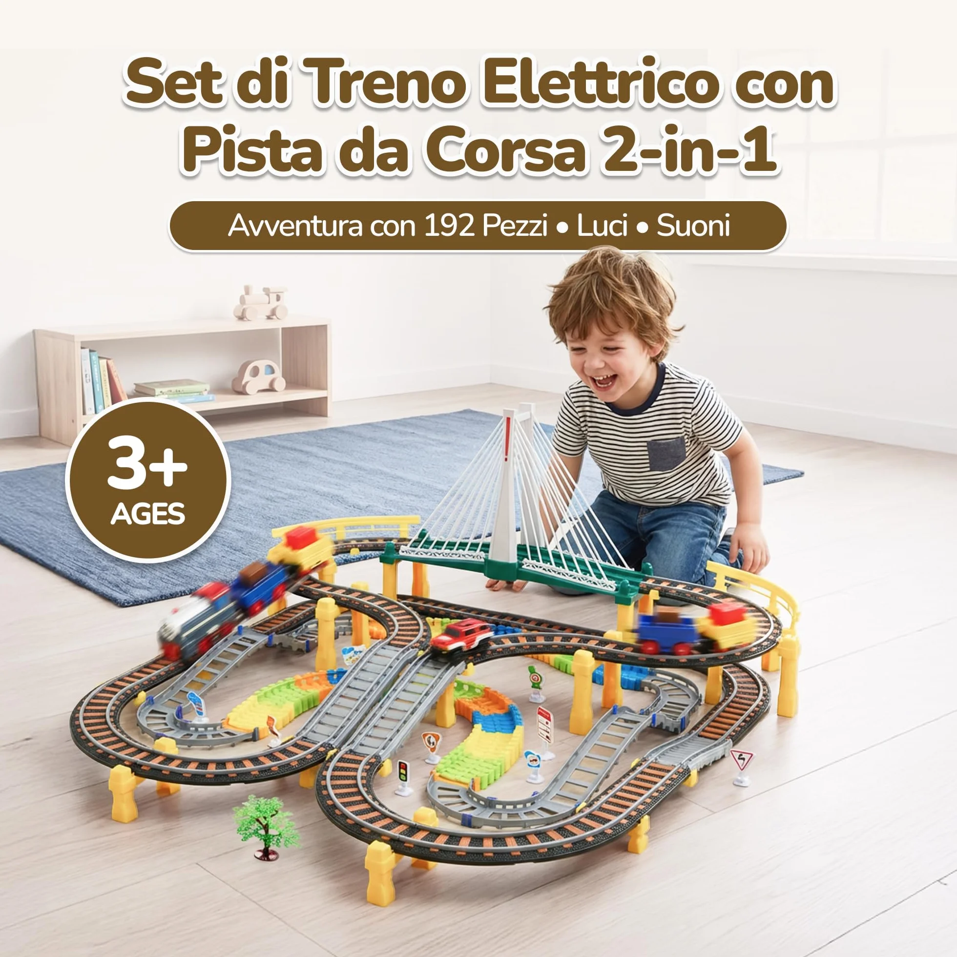 Kinderplay Trenino Elettrico per Bambini 2 in 1 con Pista da Corsa – Set 192 Pezzi con Luci e Suoni – Gioco Creativo 3+ – Binari 89x69 cm, Lunghezza Totale 700 cm, KP0635