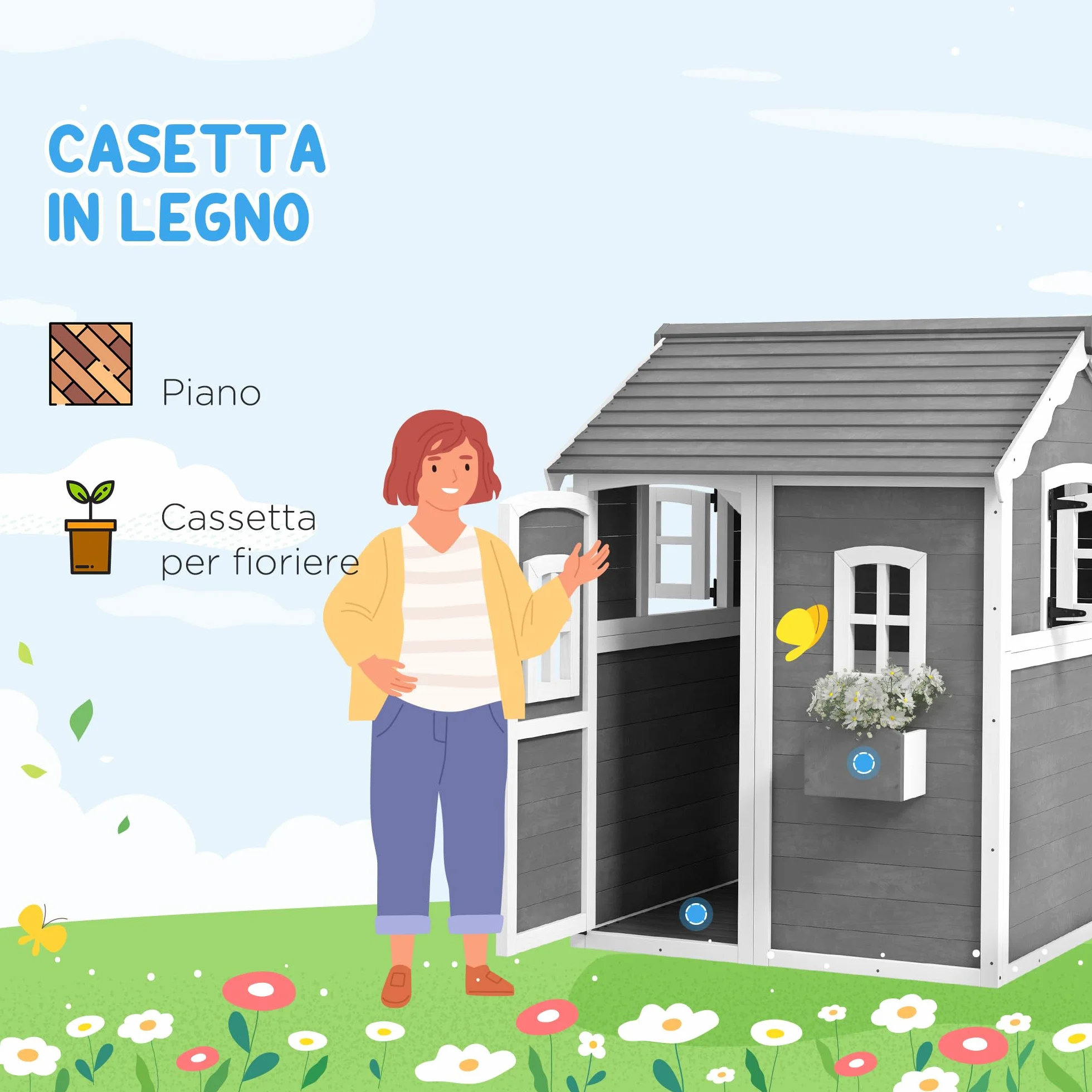 Outsunny Casetta per Bambini 3-8 Anni con 6 Finestre e Fioriera, Casetta da Gioco in Legno di Abete, 104.5x110x137 cm, Grigia