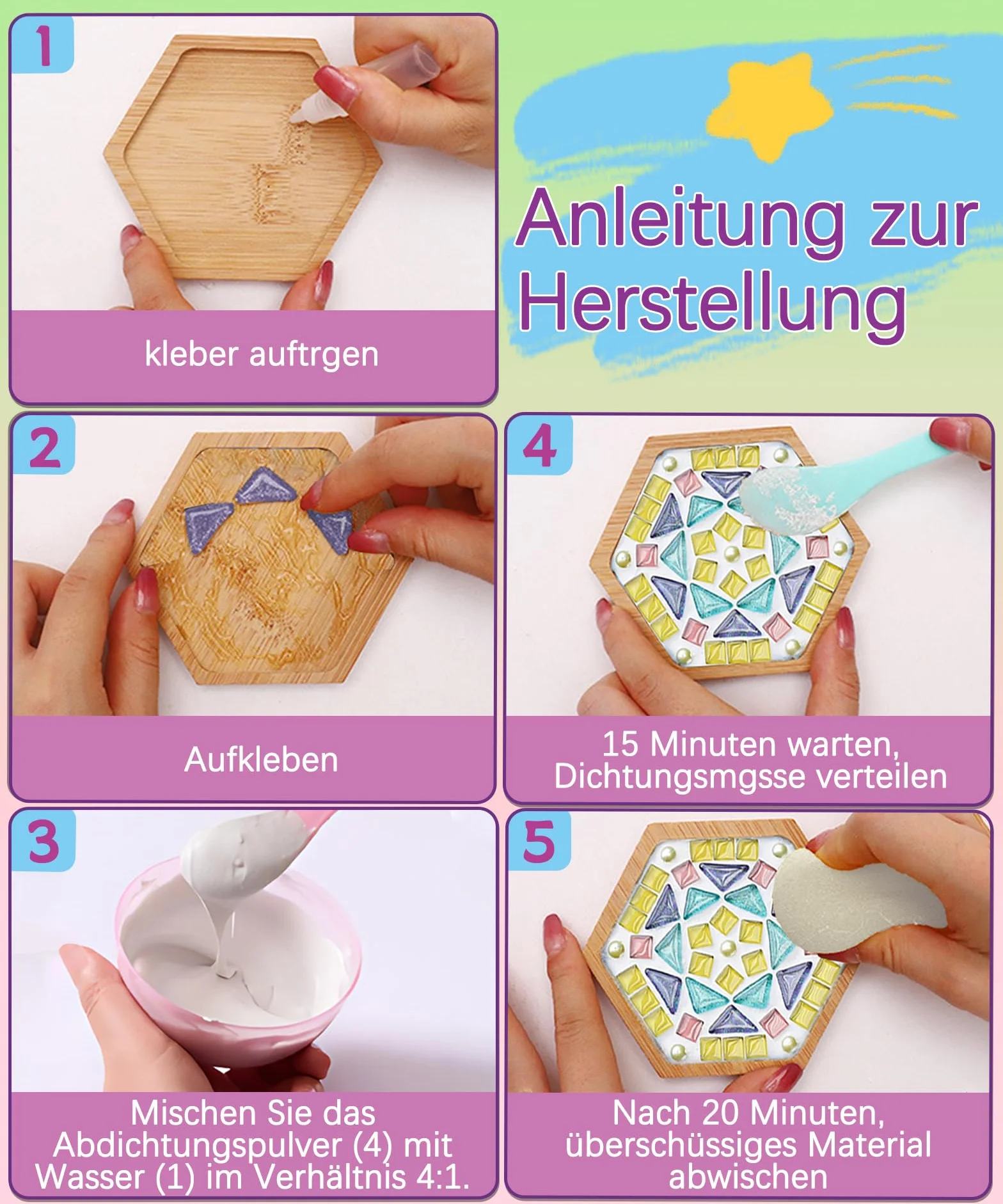 Finsink Set di 8 sottobicchieri a mosaico per bambini, set fai da te,di sottobicchieri in legno, set di pietre a mosaico per il fai da te, regalo di compleanno per bambini adulti