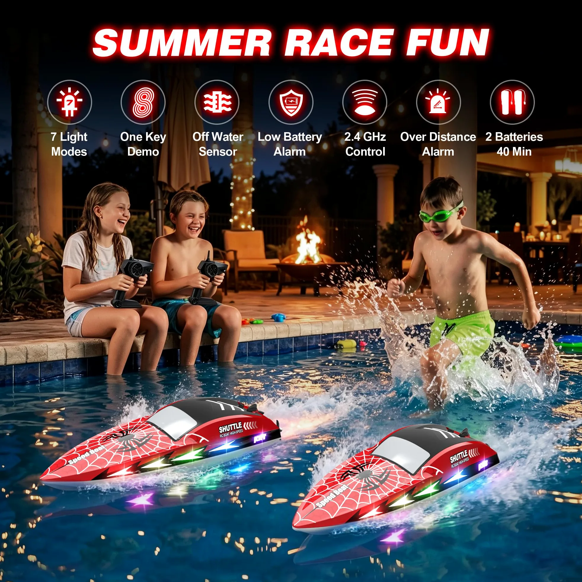 Barca telecomandata con 7 modalità di illuminazione, barca RC 20 km/h, con modalità One Click | Barche da corsa da 2,4 GHz con 2 batterie, 40 minuti di gioco, graffiti, piscine e laghi, regalo per bambini dai 8 anni in su