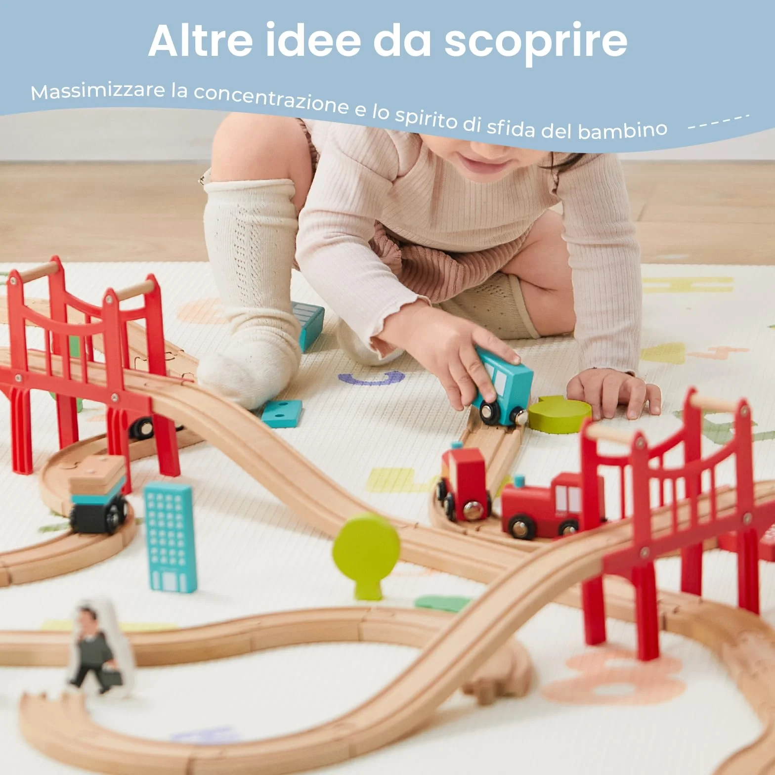 Tiny Land Pista Treno in Legno, Set Ferrovia in Legno (39 pcs) Pista Macchinine giochi legno bambini trenino natale