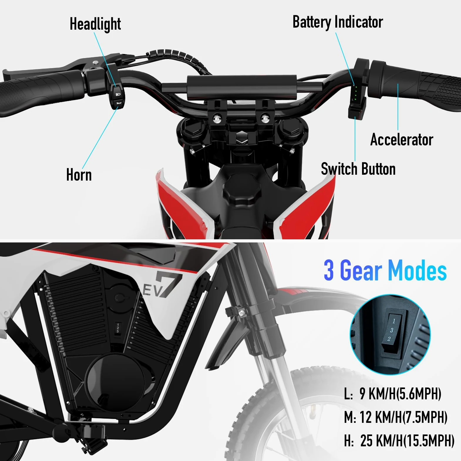 EVERCROSS EV12M PRO Motocicletta Elettrica Bambini, 300 W, Bluetooth e LED | Moto Elettrica per Bambini da 110 cm, 3 Velocità, 18 km di Autonomia, Batteria 5,2 Ah, Ruote 12 pollici, Sospensioni
