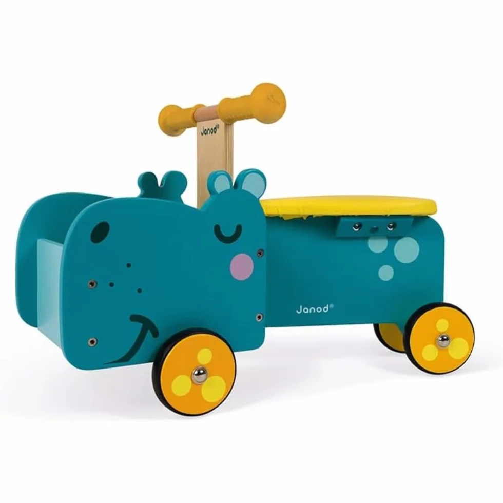 Janod Cavalcabile in Legno Ippopotamo per Bambini con Maniglie Ergonomiche e Ruote Silenziose Blu e Giallo
