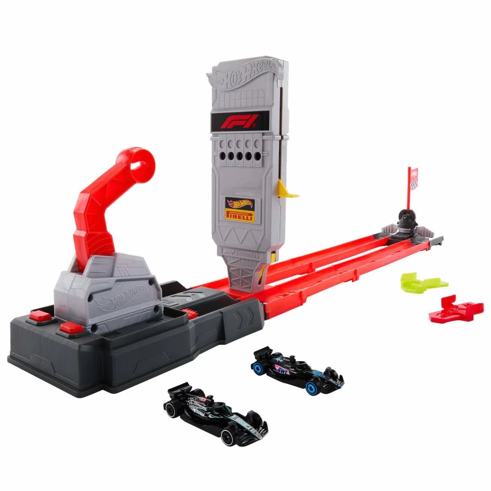 Hot Wheels Racing Formula 1 - Griglia di Partenza, set pista con 2 macchinine da F1 incluse, griglia e torre di partenza con lanciatori e bandiera a scacchi, 3+ anni, JKM88