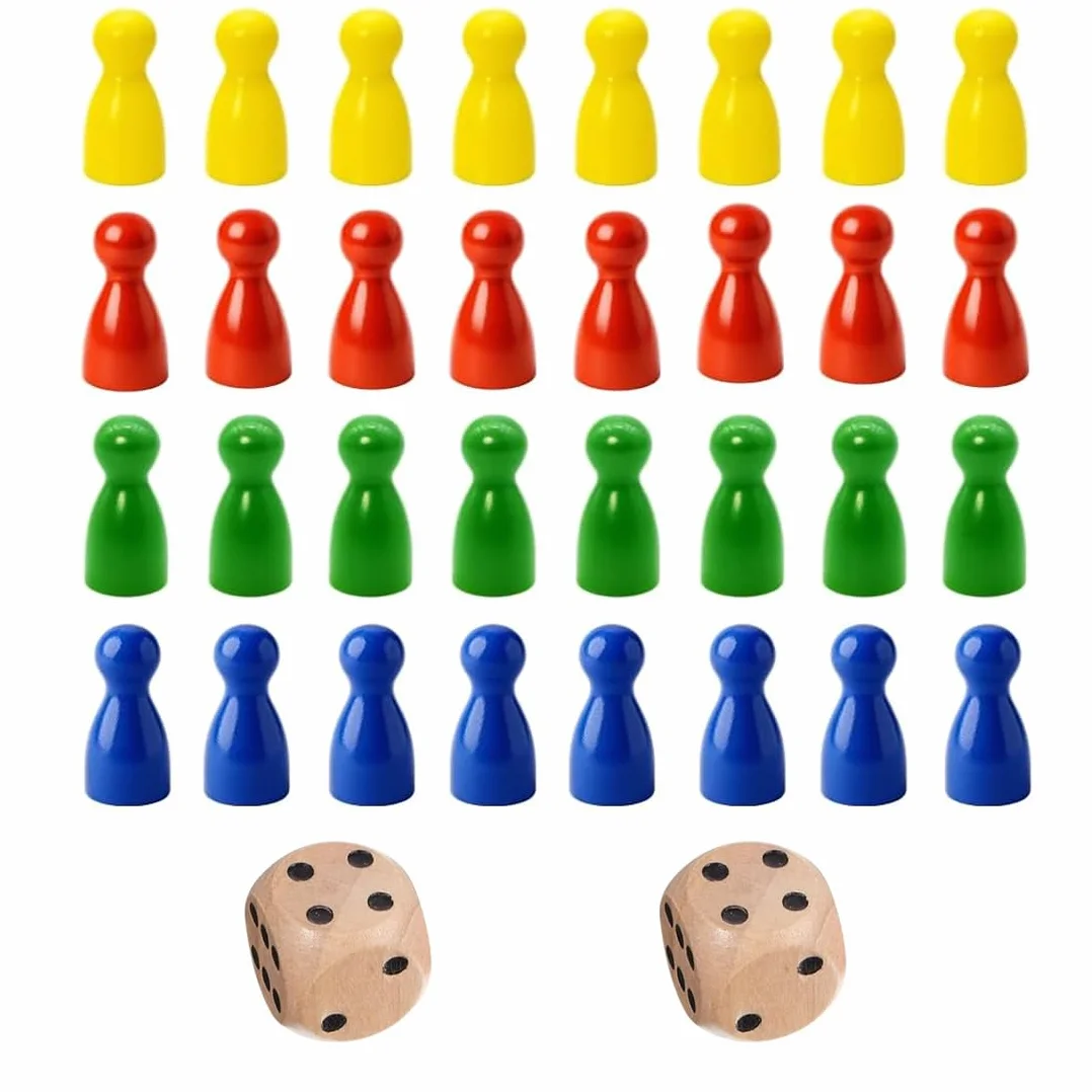 Pedine Gioco da Tavolo in Legno Colorate, 32pz Extra Grandi + 2 Dadi | Ricambio Universale per Ludo, Dama, Bambini e Anziani