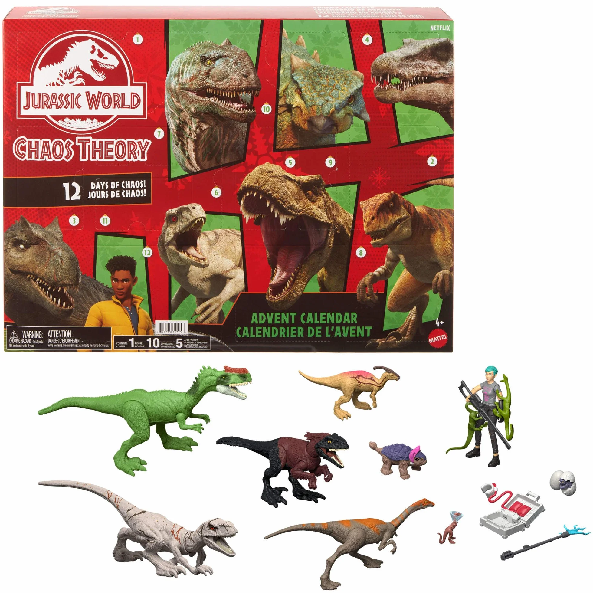 Mattel Jurassic World - Calendario dell'Avvento 2025, 12 finestrelle a sorpresa con Smoothie e altri 8 dinosauri, personaggio Brooklynn e tanti accessori, giocattolo per bambini, 4+ anni, JGM17
