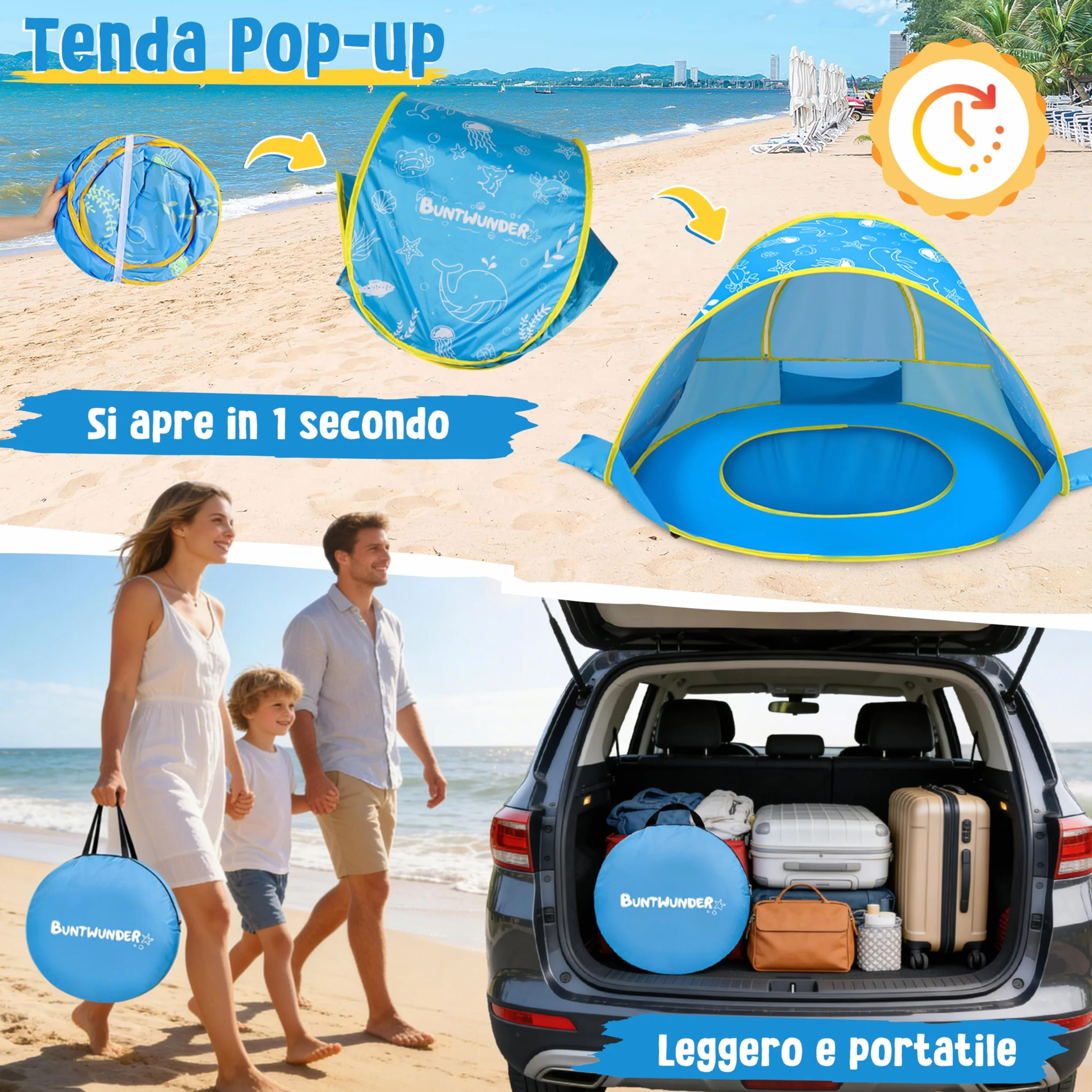JONRRYIN Tenda da Spiaggia Bambini Pop-Up, Tenda Spiaggia con Mini Piscina, Tenda da Spiaggia Portatile Protezione Solare UPF 50+, Ideale per Viaggio in Spiaggia Campeggio (Blu)