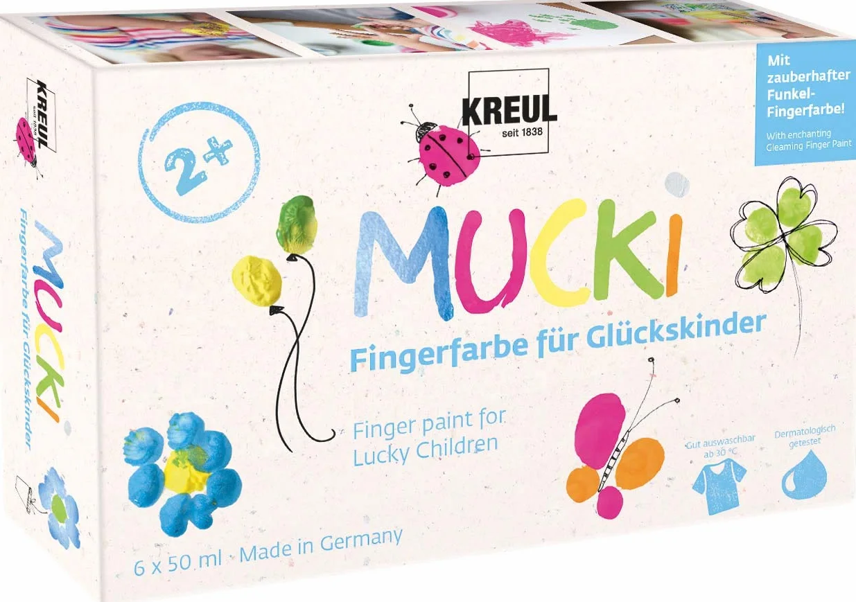 KREUL 23050 - Vernice a dita Mucki per bambini fortunati, 6 x 50 ml in giallo, rosa, blu diamante, verde, arancio, argento drago, senza parabeni, senza glutine, senza lattosio, vegan, lavabile