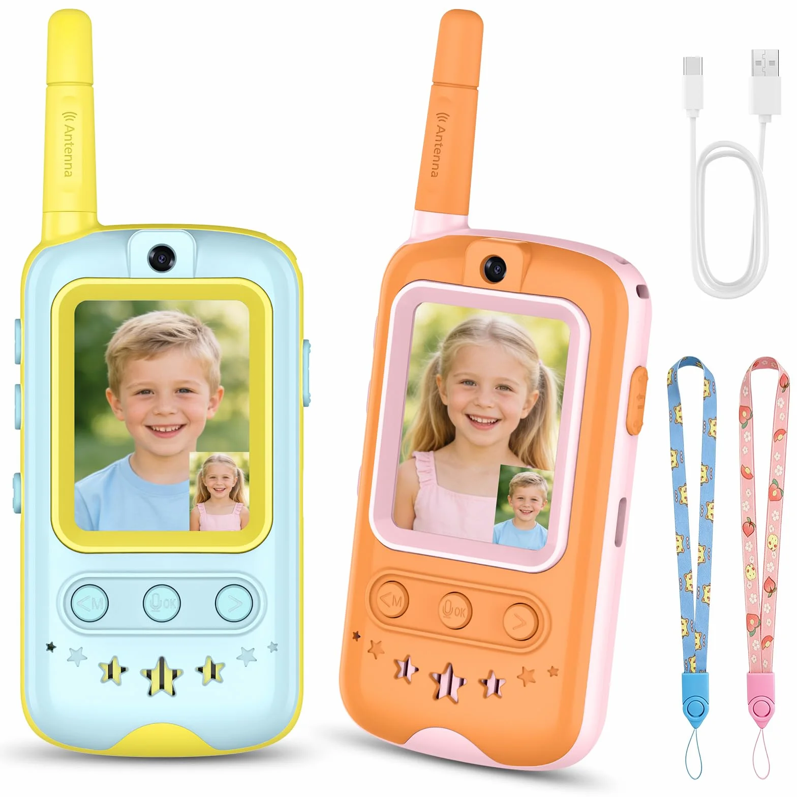 Walkie Talkie Bambini con Videocamera HD e Cambia Voce, Gioco Interattivo, Giallo + Arancione