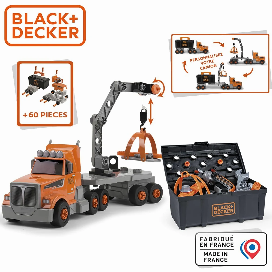 Smoby - Black+Decker - Camion Bricolo - Accessori Inclusi - Rimorchio - Maniglia per Il Trasporto - Gru da Costruzione - dai 3 Anni