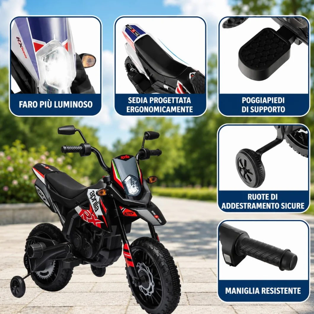 Moto Elettrica per bambini 12V Super Cross Aprilia RX125 con licenza ufficiale Moto da Cross con Ruote in Gomma Sedile in pelle Doppio Motore con Rotelle Luci e Suoni integrati (Rosso)