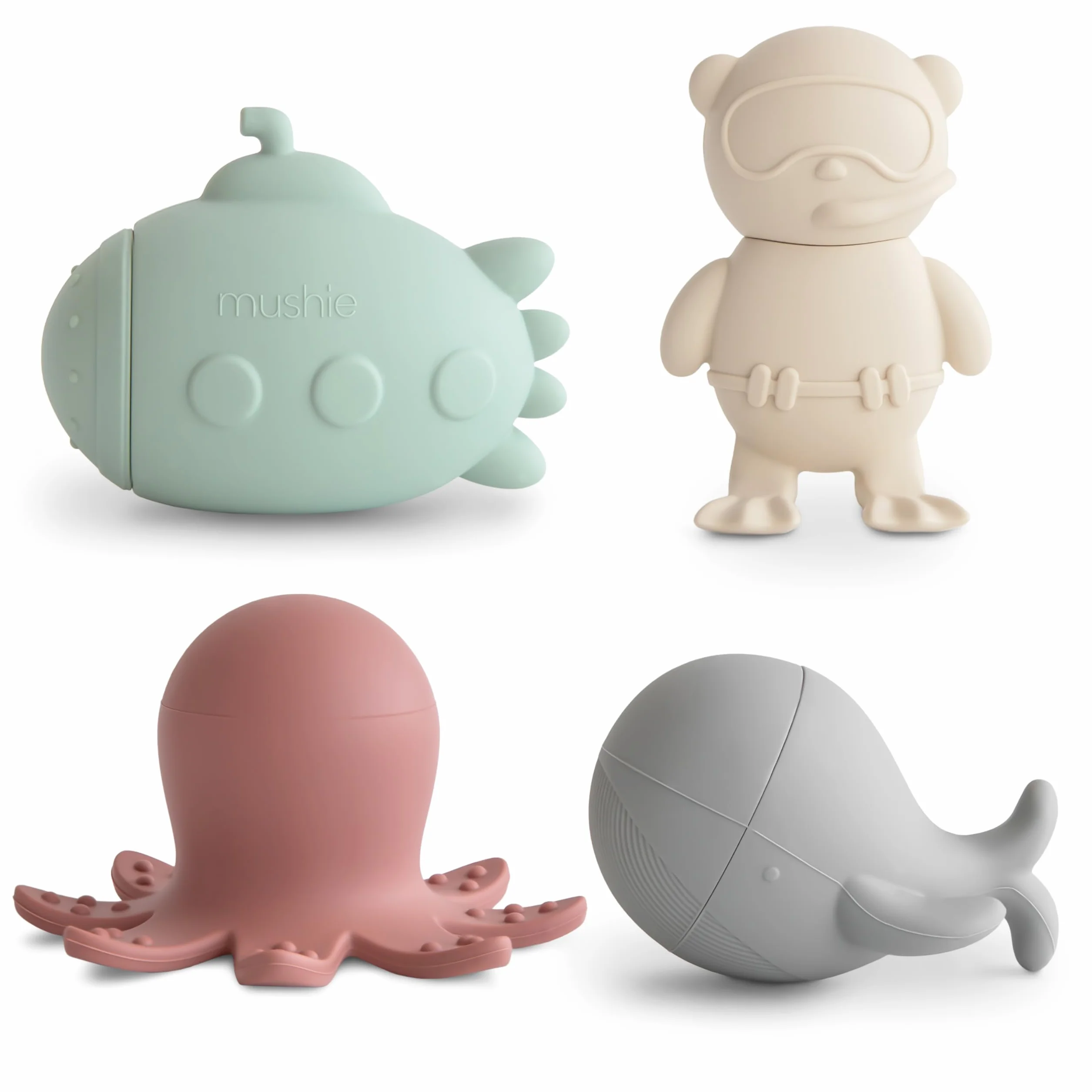 Mushie Giocattolo da Bagno con 4 Veicoli Galleggianti per Neonati, Bambini Piccoli e Bambini | In silicone per alimenti per il divertimento del bagnetto | Subacqueo, sottomarino, polpo e balena