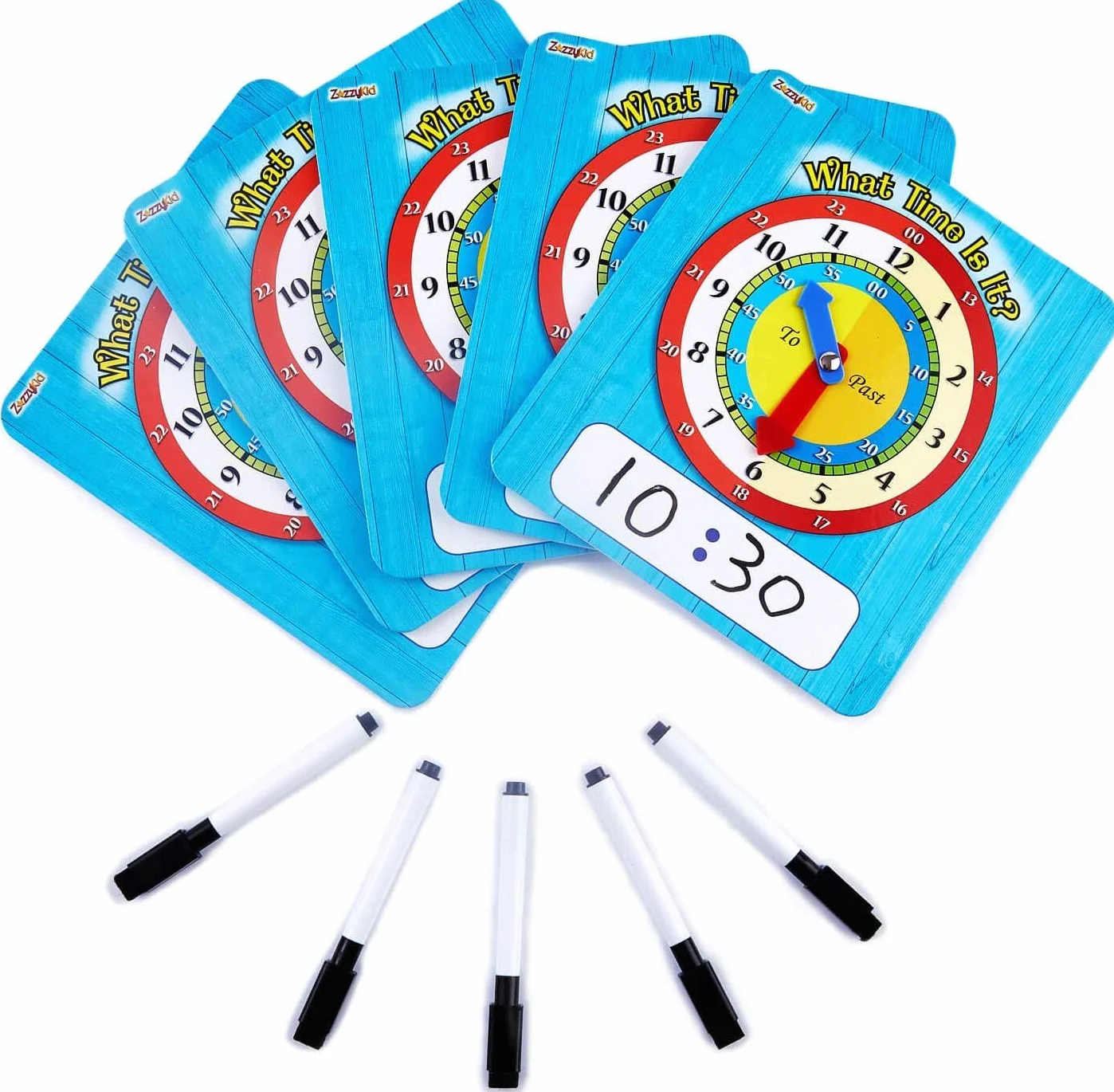 ZazzyKid - Orologio educativo per studenti - 5 orologi per confezione - 20 x 18 cm - Impara e pratica a che ora è - Scrivi e pulisci la superficie con pennarelli cancellabili