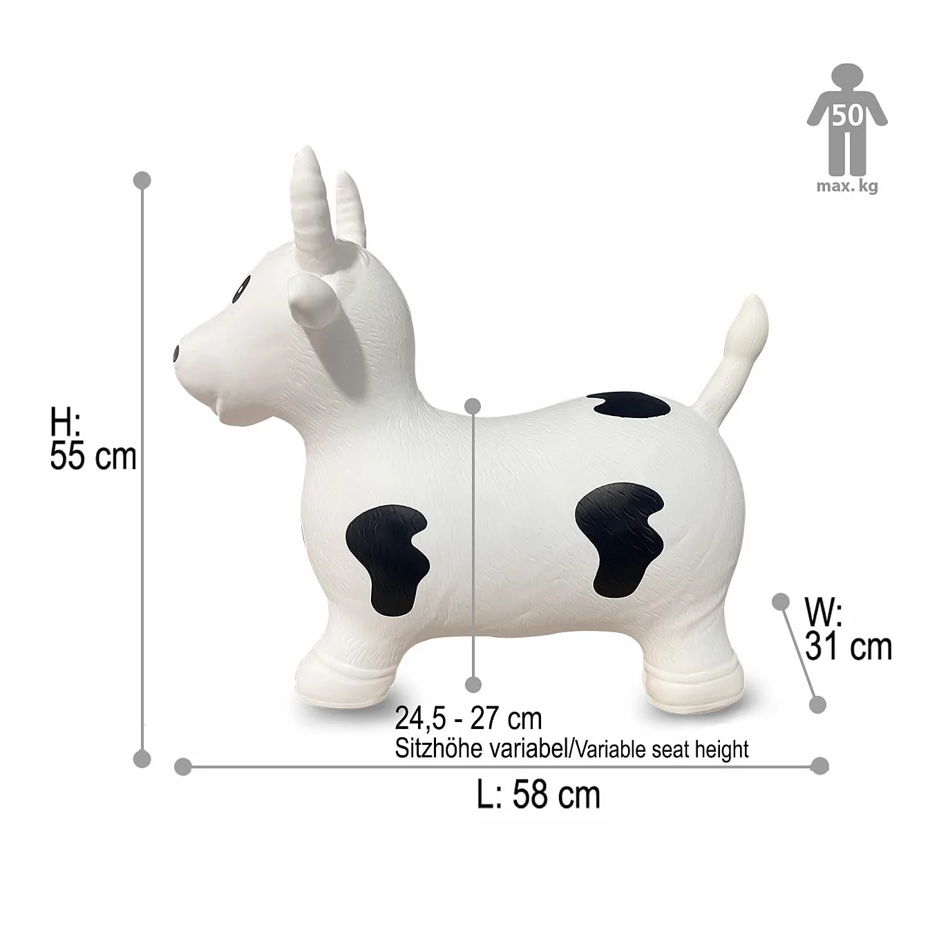 Jamara 460318 - Animale salterino Toro bianco/nero con pompa – Sviluppa l'equilibrio e capacità motorie, Orecchie come sostegno, Robusto e resistente fino a 50 Kg