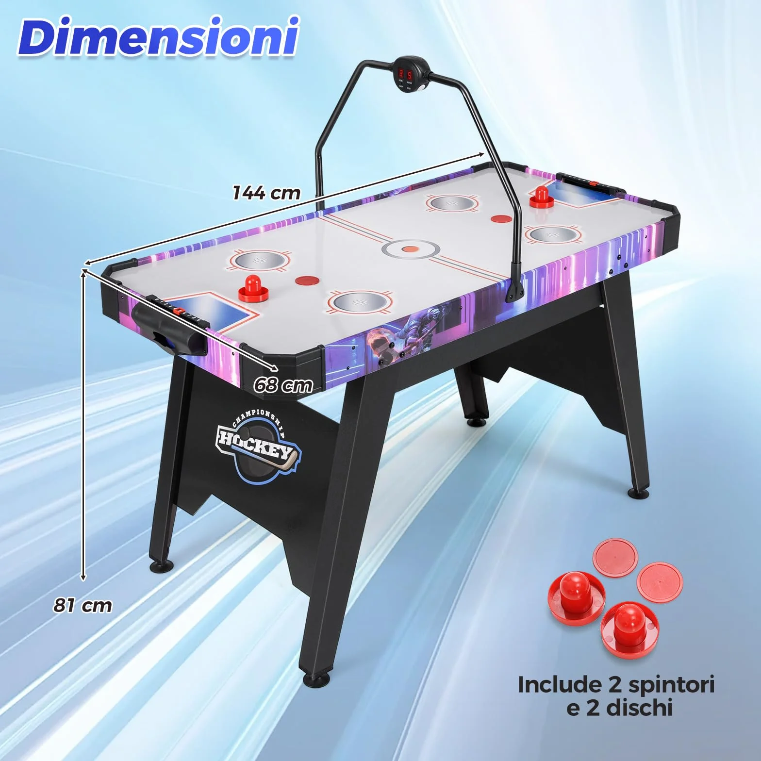 RELAX4LIFE Tavolo da Air Hockey per Bambini e Adulti da 144 cm con Segnapunti Digitale LED, Potente Motore da 12V, 2 Dischi e 2 Spingitori per Casa, Ufficio, Sala Giochi
