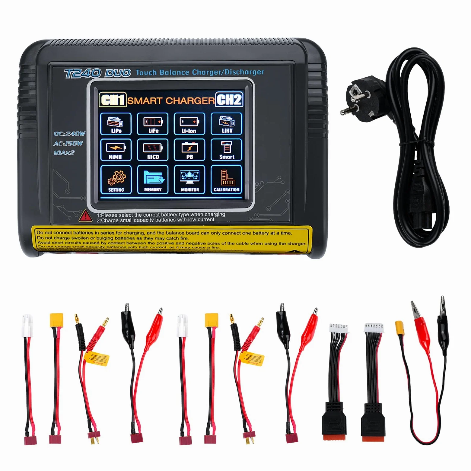 BuyWeek T240 DUO RC Caricabatterie Bilanciamento AC150W/DC240W 10A carica batteria per auto 3,2 pollici touch screen caricabatterie litio alta precisione per LiPo/Lilon/LiFe/NiMH/NiCd/PB/NiMH