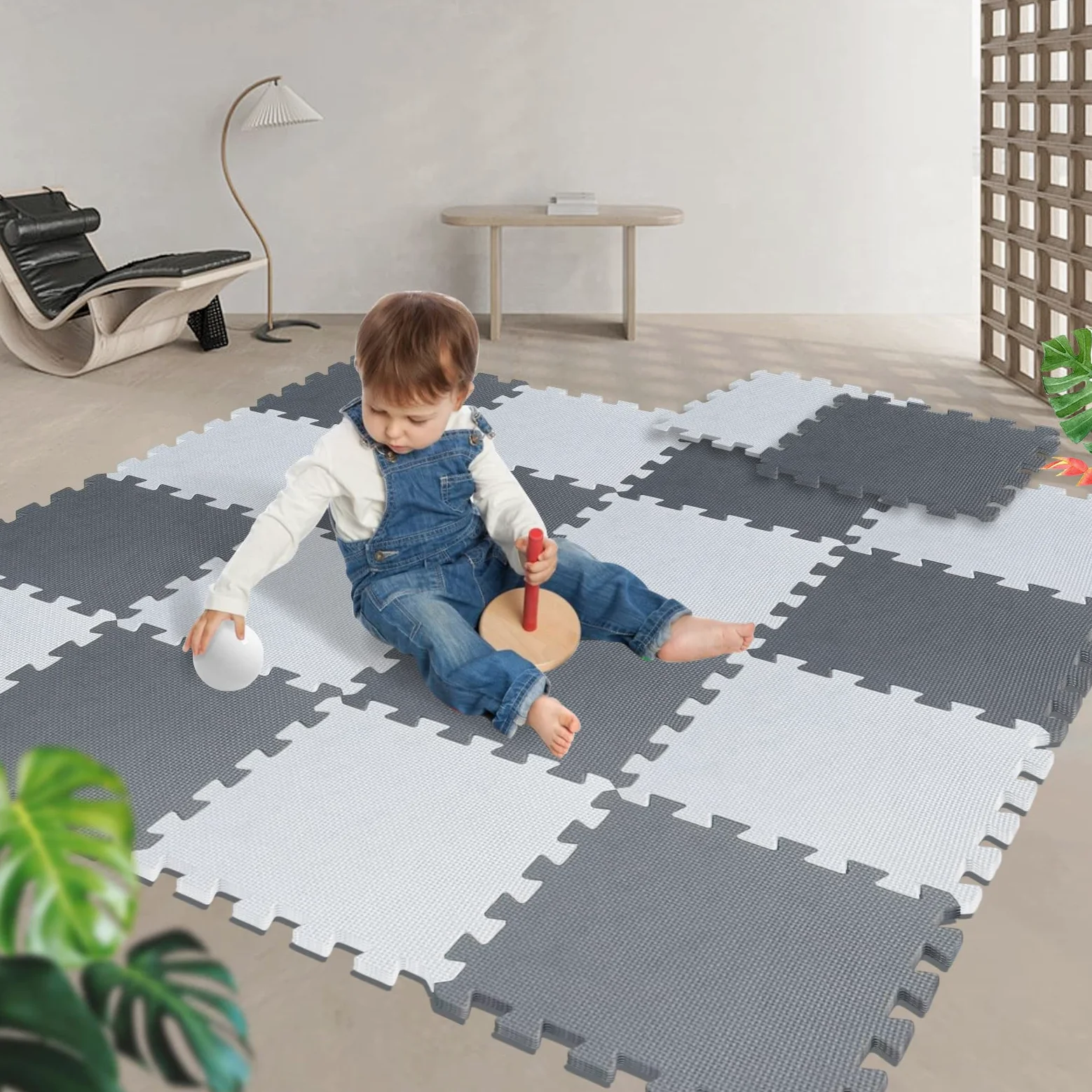 Tappeto in schiuma per puzzle, tappeto da pavimento, puzzle, tappeto in schiuma per bambini, multicolore per bambini, tappetino da strisciare, attivite, 30 x 30 x 1 cm (36 lastre, bianco + grigio