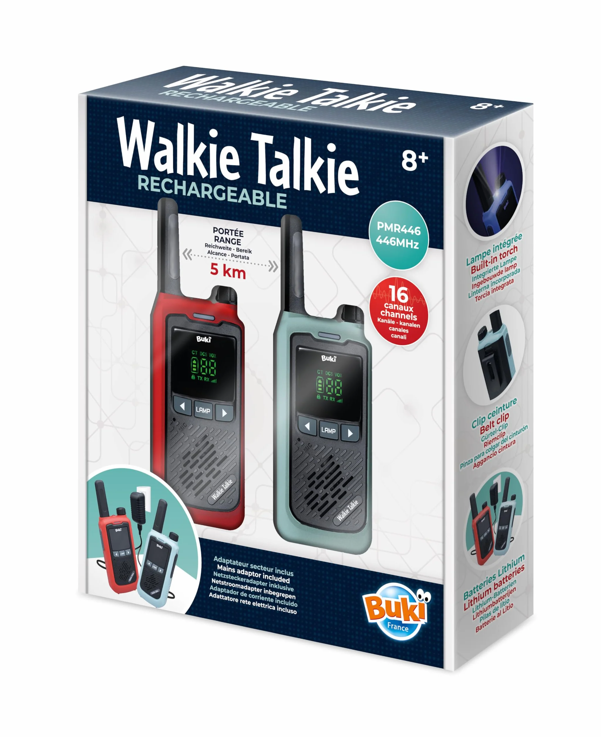 Walkie-Talkie Ricaricabili a Lunga Portata 5 km – 2 Batterie al Litio Incluse, Caricabatterie Doppio, Microfono e Altoparlante Potenziati – 16 Canali – dai 8 Anni