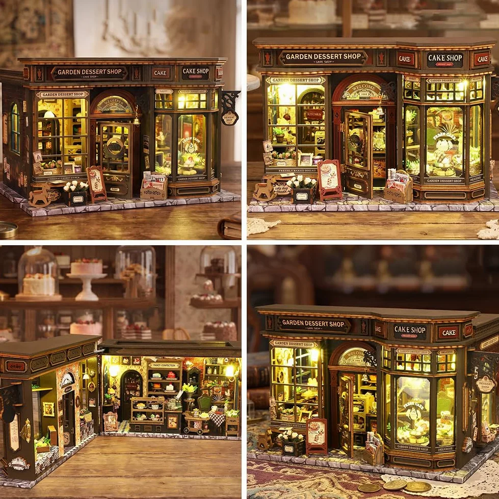 Kit puzzle 3D in legno, fai da te in miniatura casa delle bambole con luci a LED, decorazione da giardino per dessert, scaffale per libri, regalo creativo per adulti e ragazzi