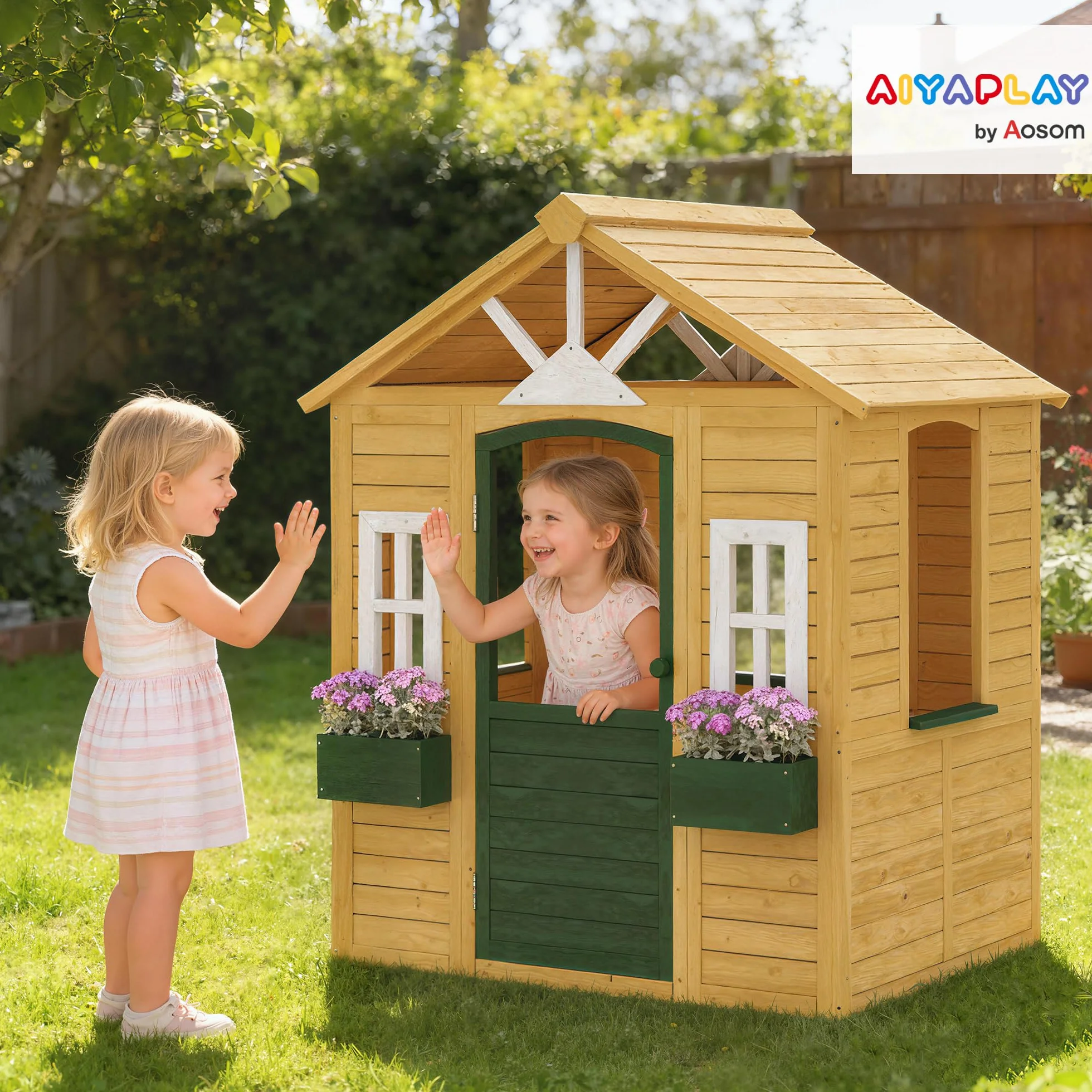 AIYAPLAY Casetta da Giardino per Bambini in Legno di Abete, Casetta per Bambini da Esterno con 3 Finestre, 2 Fioriere, Porta e Tetto, per Bimbi 3-8 Anni, Interno ed Esterno, 134.5x97x150 cm, Marrone