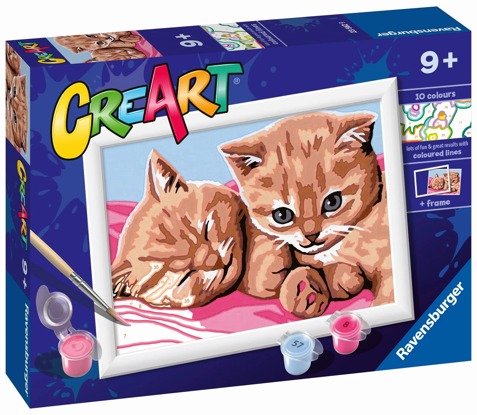 Ravensburger CreArt: Gattini amici – Dipingere con i Numeri per Bambini 9+ Anni, Kit Pittura con Tavole, Cornice, Pennello e Colori Inclusi, 14 x 19 cm, Idee Regalo