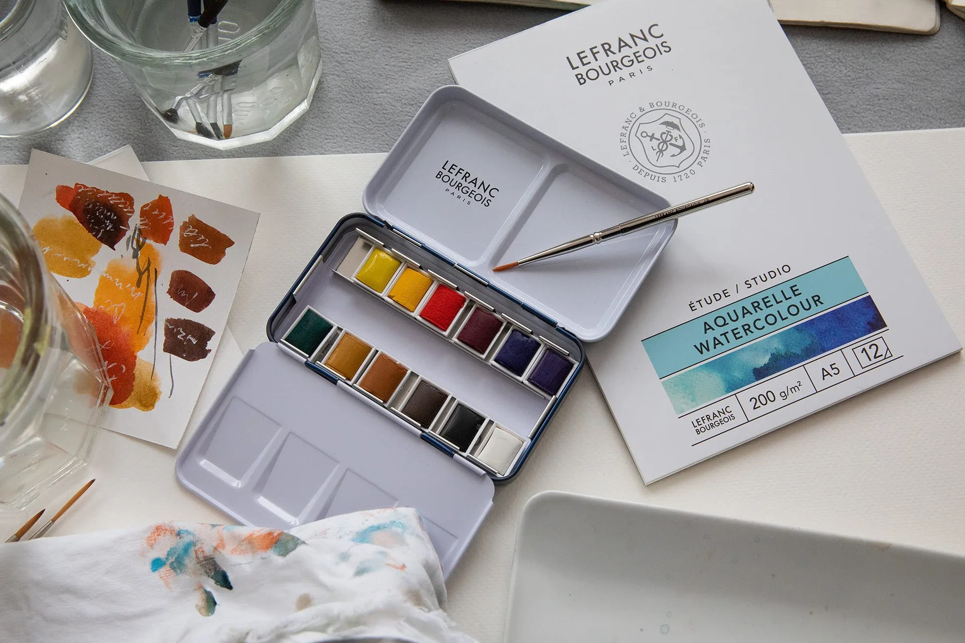 Lefranc & Bourgeois Acquarello Fine Set 12 Mezzi Godet, Pennello E Tavolozza, set di colori