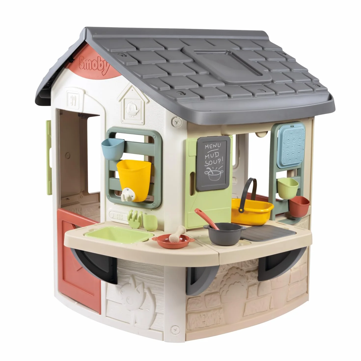Smoby Life - Mud Cooking House - Cucina con pentole e teiere - Ampio piano di lavoro - 16 accessori inclusi - Materiale riciclato - Dai 2 anni in su - Prodotto in Francia