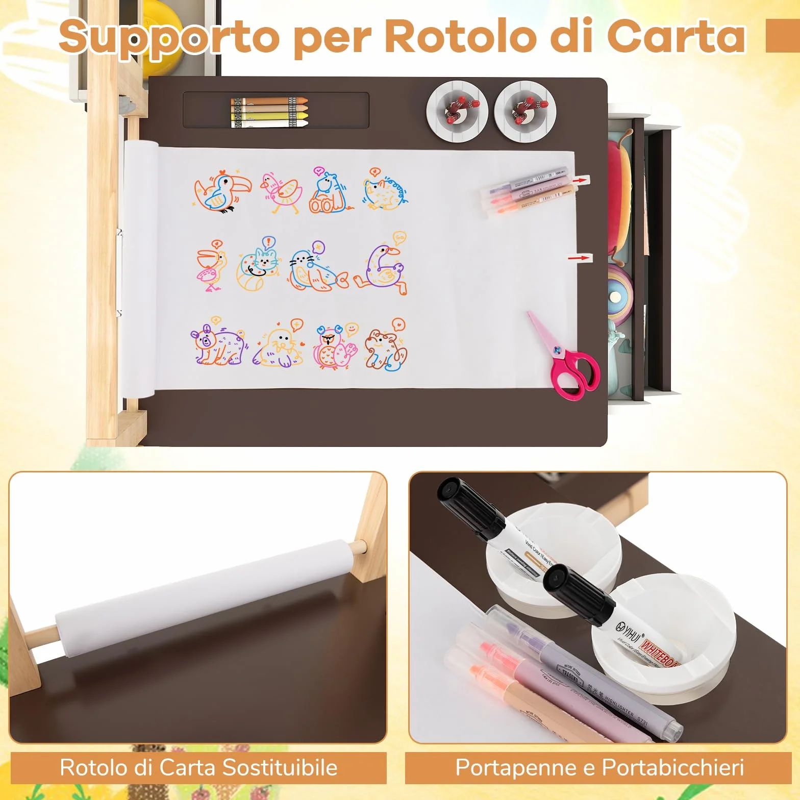GYMAX Set di Cavalletto con Tavolo e Panca per Bambini, Scrivania Multifunzionale in Legno con Lavagna Bifacciale (Caffè)