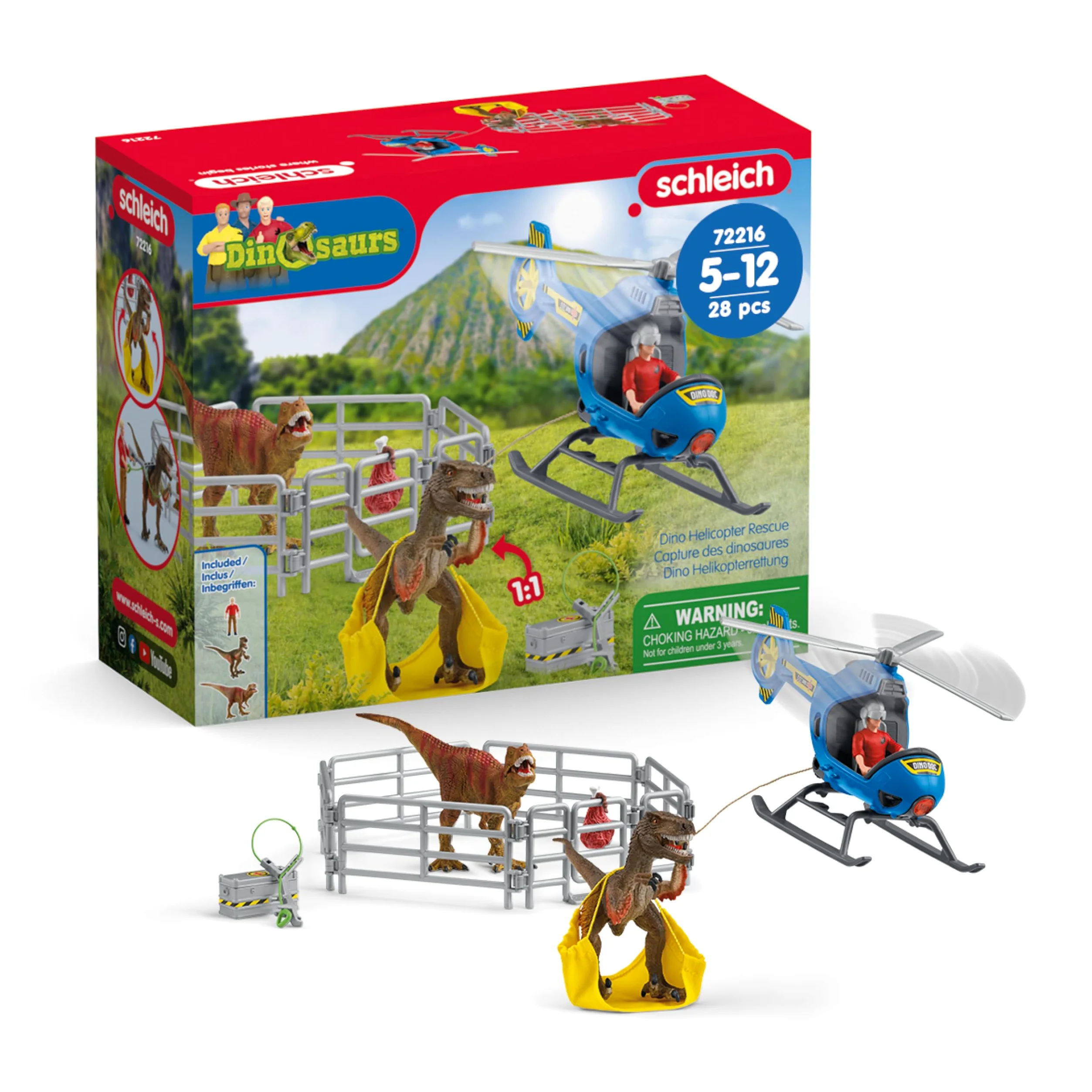 Schleich DINOSAURS | Salvataggio dei dinosauri in elicottero 72216 | Set con elicottero, Flynn, 2 dinosauri & accessori | Regalo per bambini | Giocattolo dai 5 anni | 28 pezzi | esclusiva Amazon