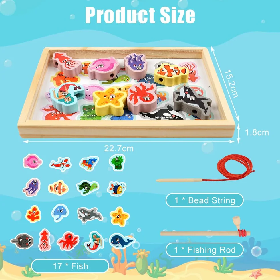 Vicloon Giochi di Pesca Magnetici in Legno 3 in 1 per Bambini Montessori Educativo Regalo 3-5 Anni