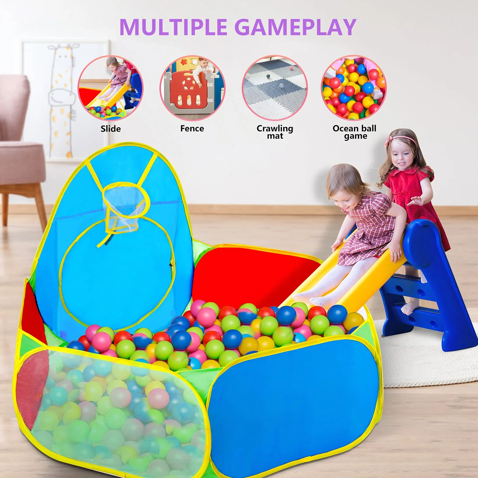 Eocusun Piscina per palline per bambini, per interni ed esterni, tenda da gioco portatile con canestro da basket e borsa con cerniera (palline non incluse)