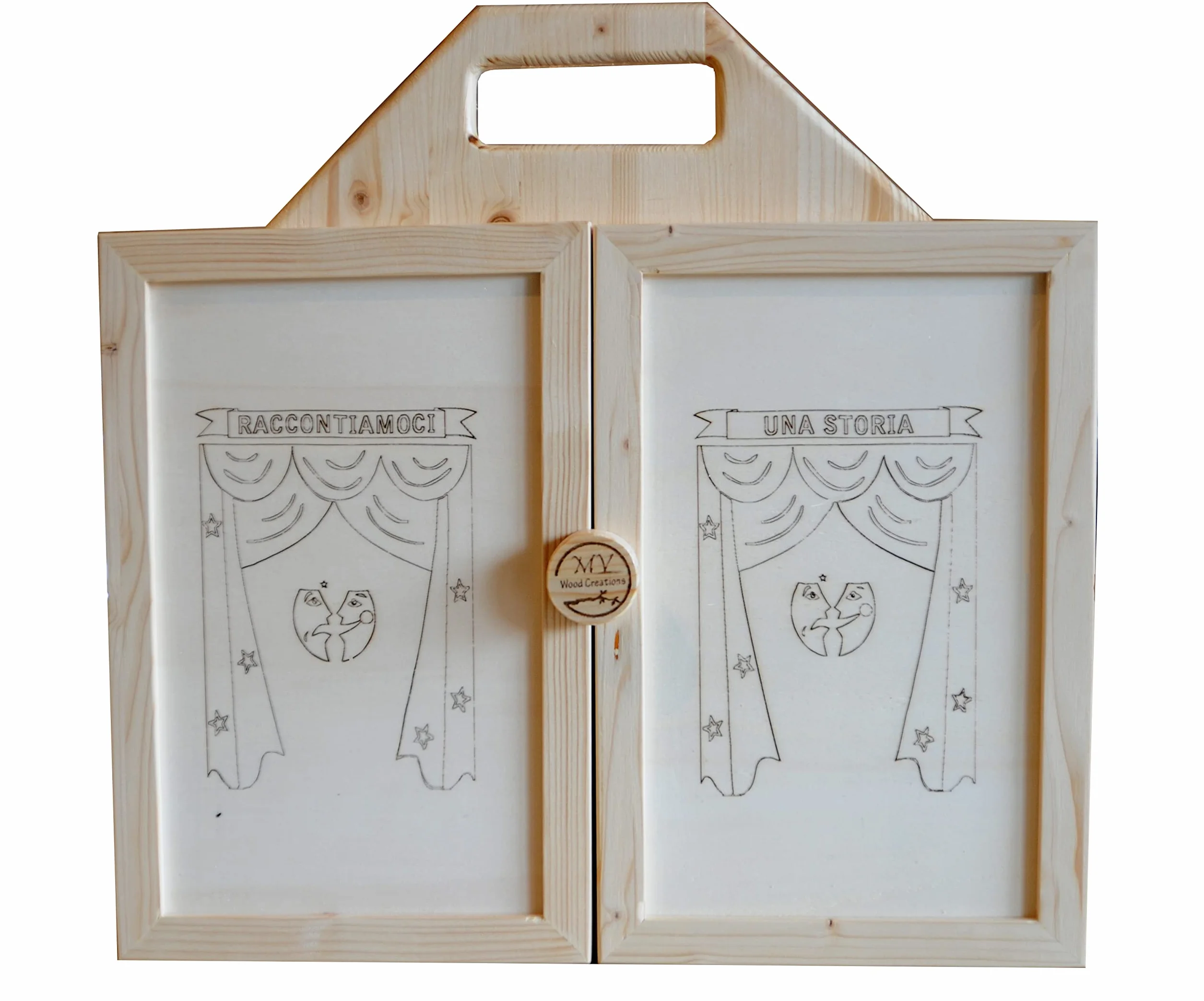 Teatrino in Legno fatto a Mano, Gioco Portatile per Bambini. Kamishibai. Teatro Giapponese delle Ombre + Scatola con Personaggi, Marionette in Legno "Favola I Tre Porcellini".
