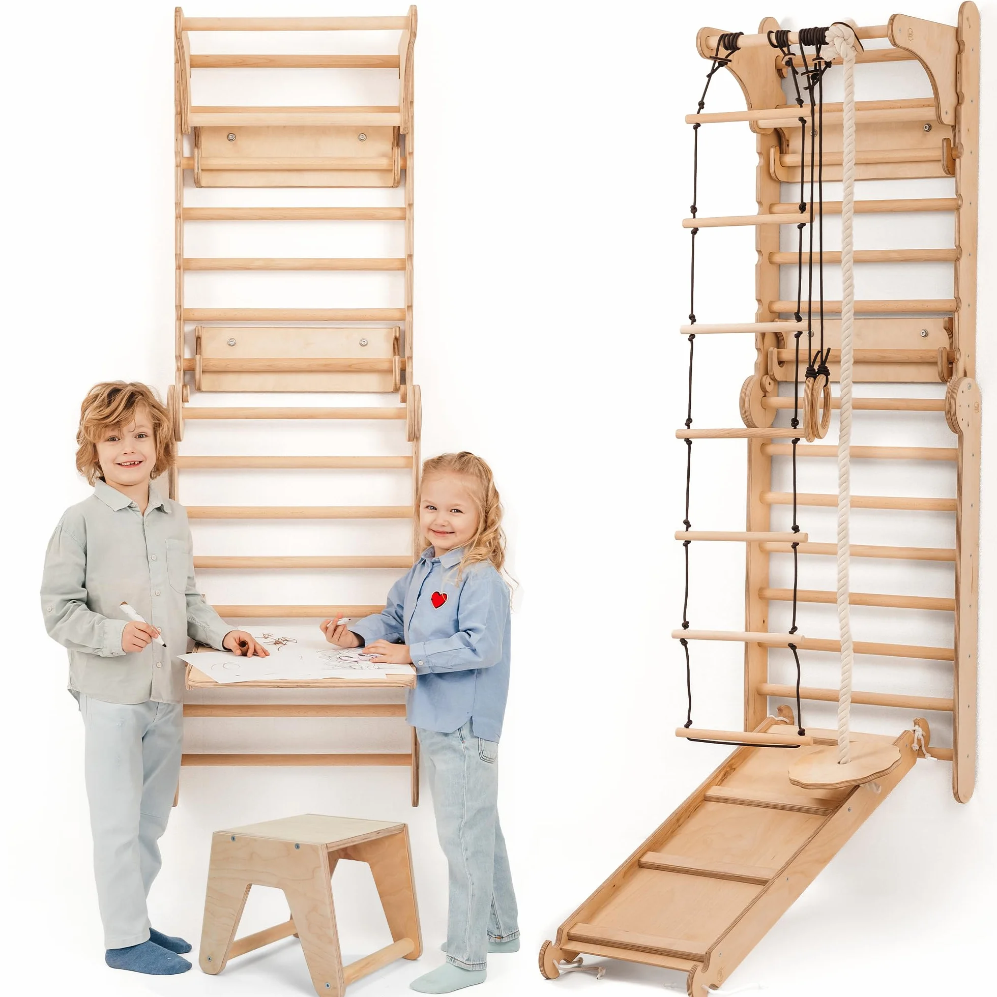 Goodevas Set da Parete Svedese 6 in 1 e Scivolo per Bambini, Versatile, Scala da Arrampicata, Altalena e tavola Scorrevole, Attrezzatura da Gioco Ideale per Interni, per Bambini da 2 a 12 Anni