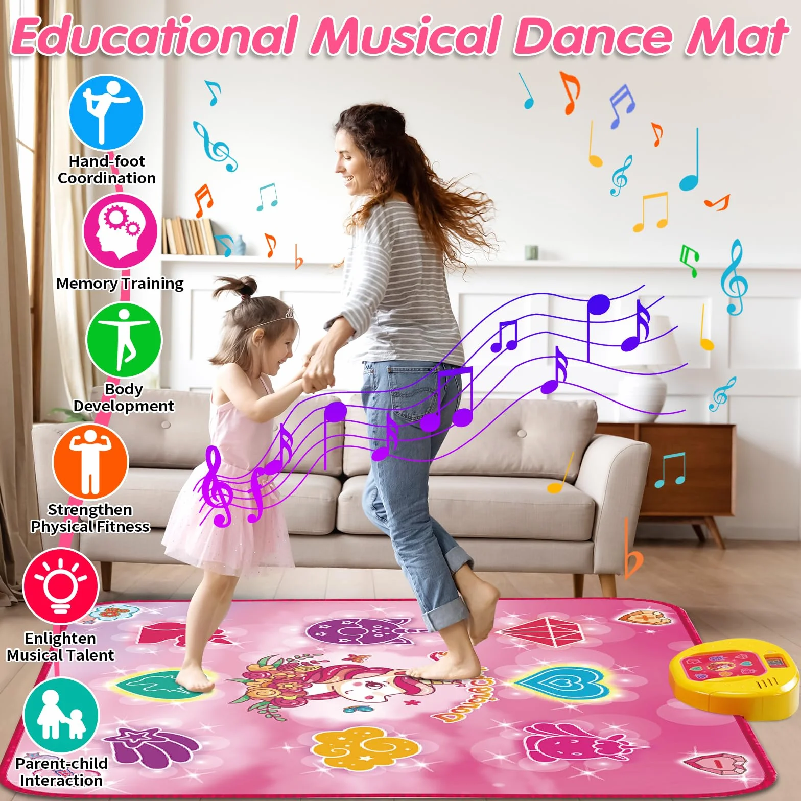 Tappetino da ballo per bambini musicale con 6 modalità di gioco e 9 luci a LED unicorno