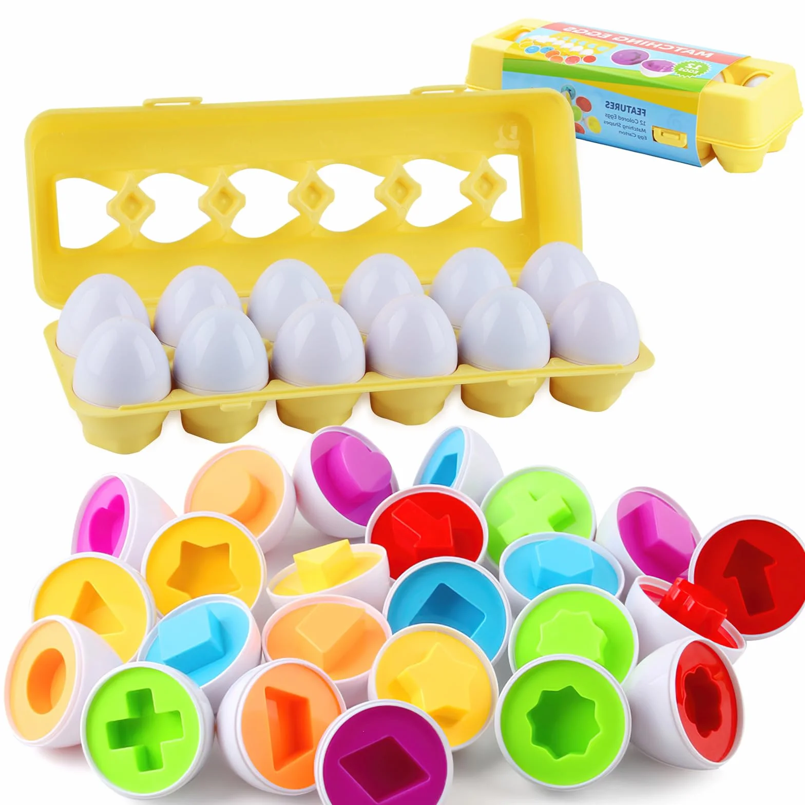 Uovo di Pasqua, 12 PCS Uova di Abbinate Colore e Forma Riconosciment, Montessori Uova Plastica Giocattoli Educativi, per la Caccia all'Uovo di Pasqua (Giallo)