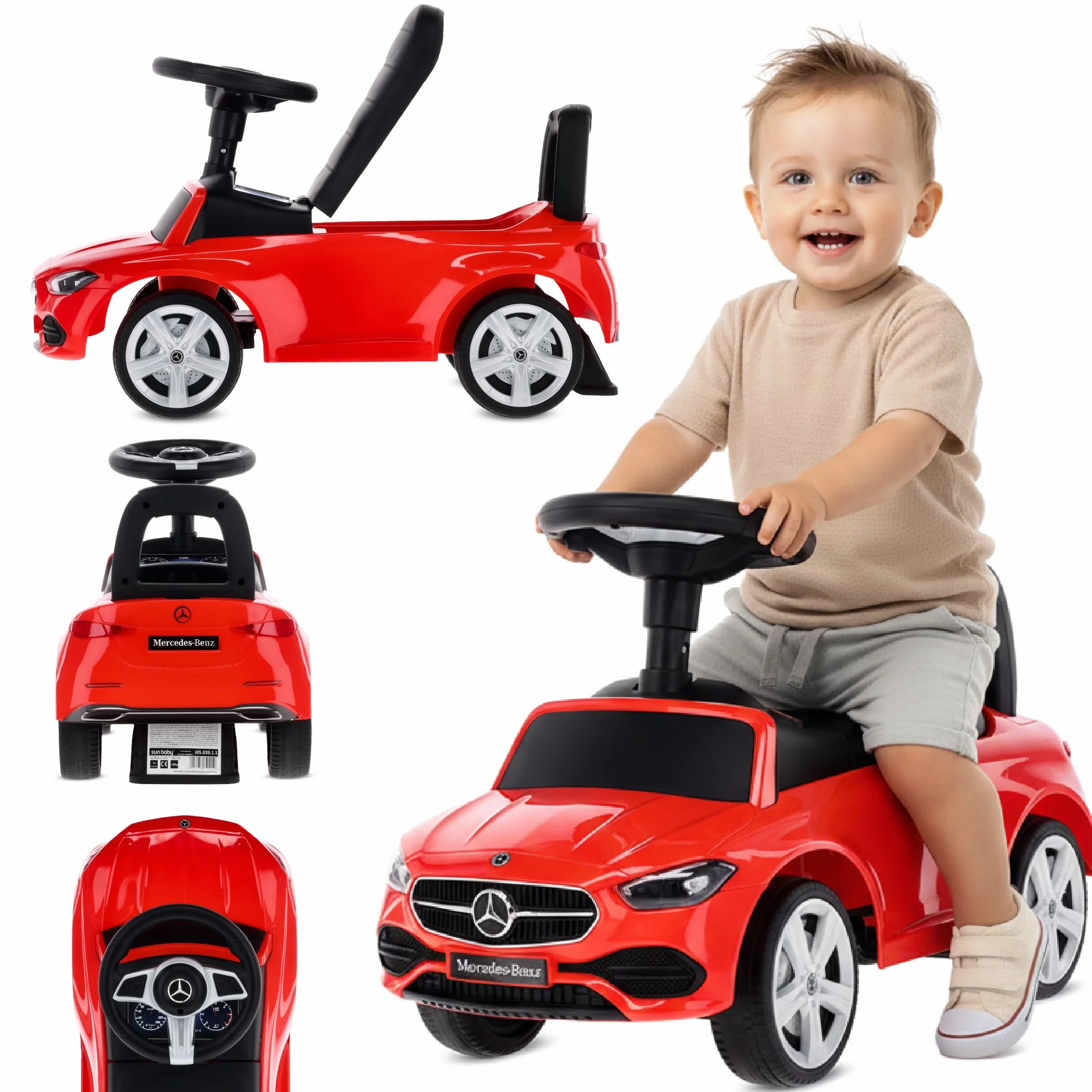 Sun Baby Macchinina Cavalcabile per Bambini 12 Mesi, Macchina a Spinta, Volante Audio, Sedile Schienale, Antiribaltamento Rosso