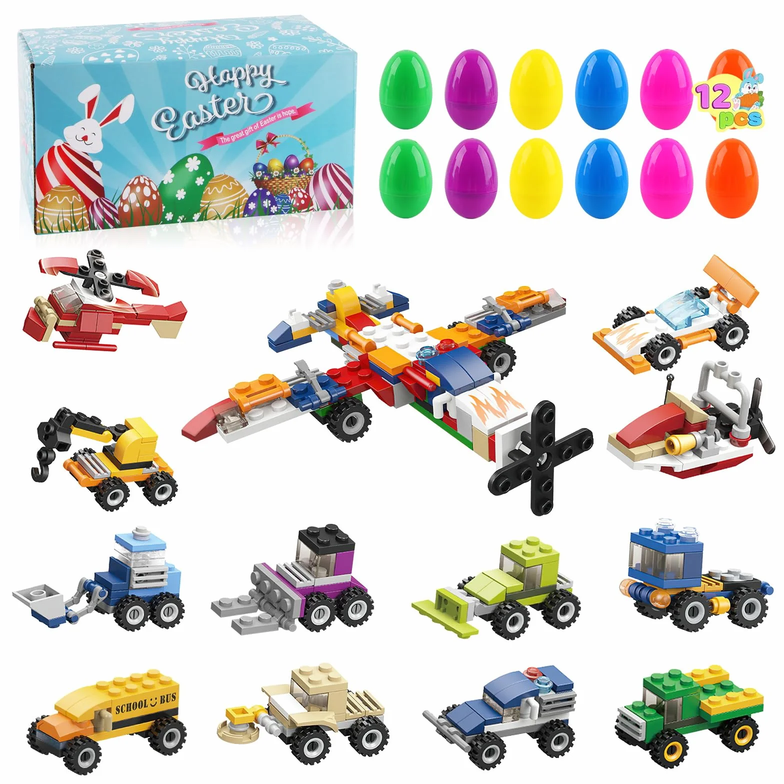 dellyy 12 Pezzi Easter Eggs Bambini, Regalo Pasqua Bambini, Uovo di Pasqua con Blocchi da Costruzione di Auto, Idee Regalo Pasqua, Uova Giocattolo per Bambini, per Caccia alle Uova (Veicoli)
