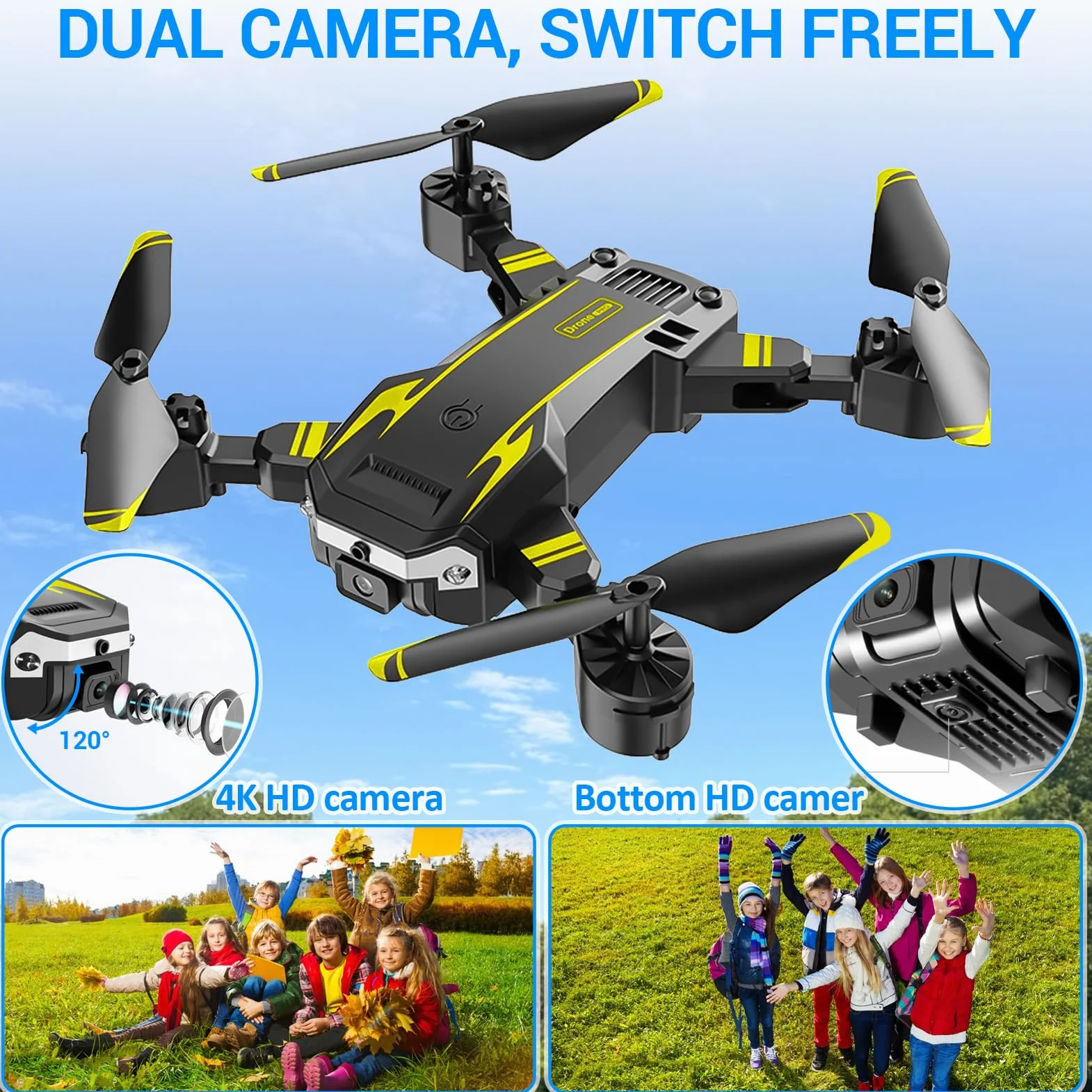 Drone con Doppia Camera HD per Principianti, Drone Pieghevole per Bambini, 3D Flip, Decollo/Atterraggio 1 Tasto, Modalità Headless, Volo a Waypoint, per Bambini o Novizi, 2 Batterie