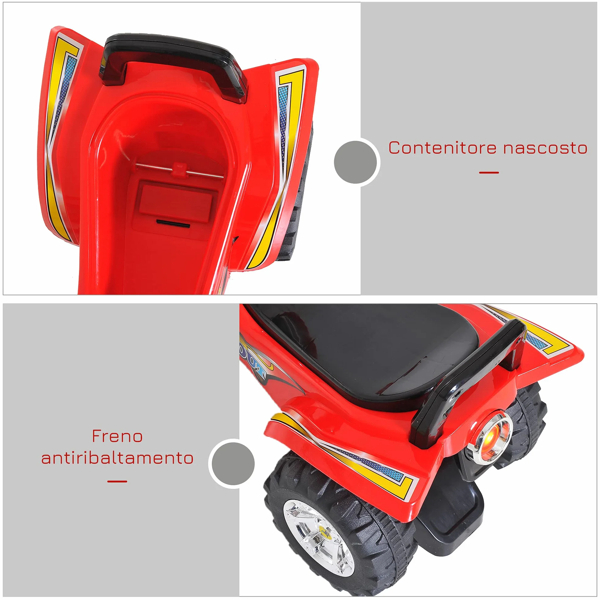 HOMCOM Quad Giocattolo Bambini Macchina Cavalcabile Clacson Musica Luci 60x38x42 cm PP Rosso