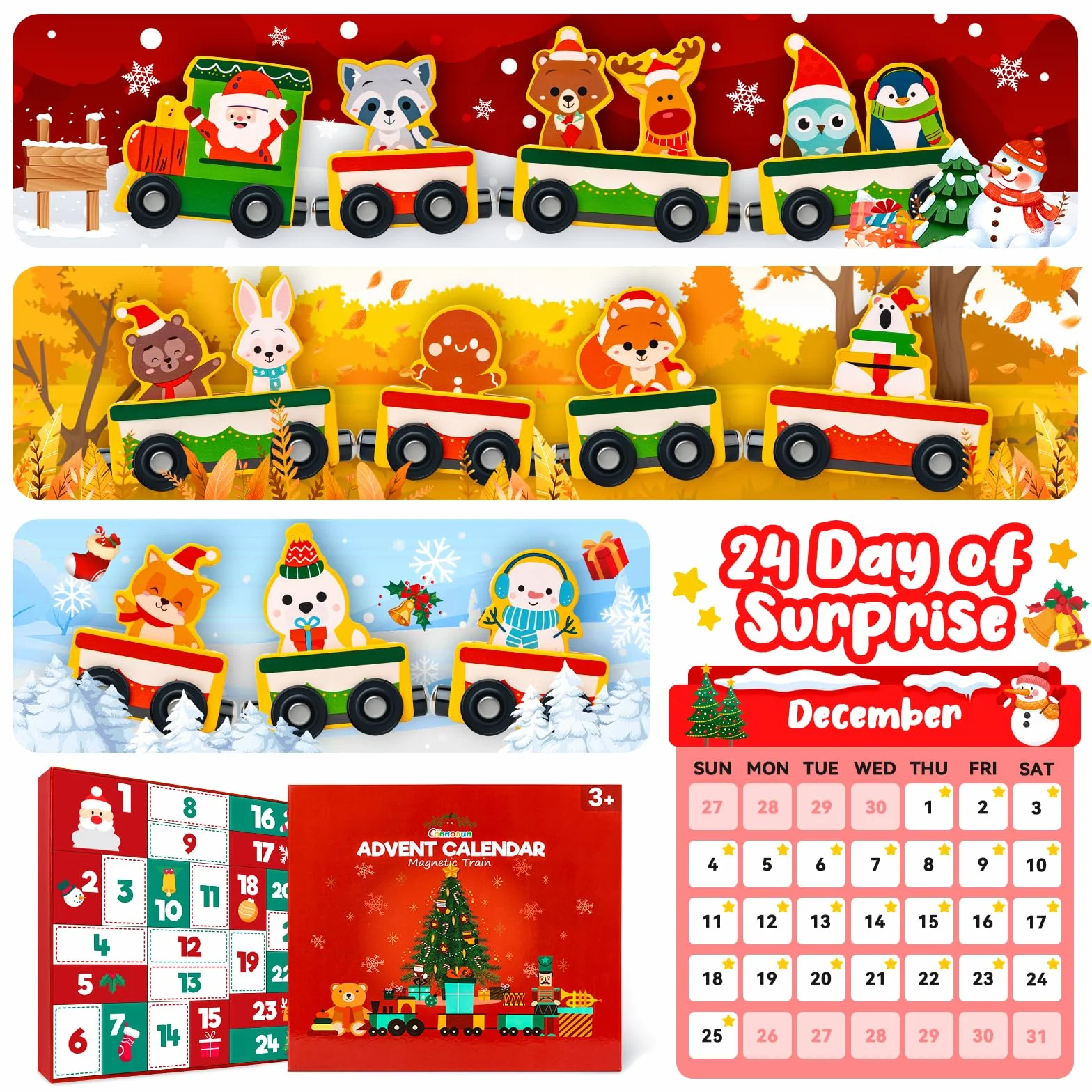 Calendario dell'Avvento 2025, Commodum Calendario dell'avvento con 24 Trenino Legno Bambini, Trenino Legno Giocattolo per Bambini, Regalo Giocattoli Bambina, Regali di Natale Originali per Bambina