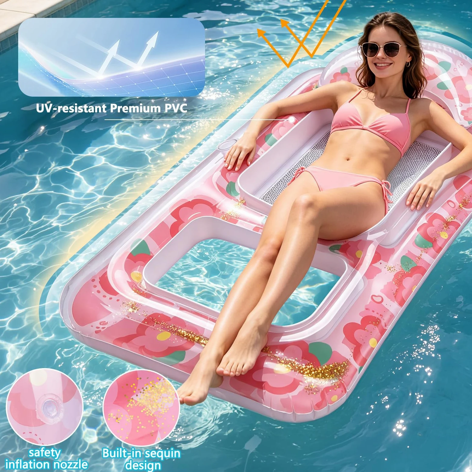 Materassino Mare in PVC Galleggiante Gonfiabile Piscina con Parasole Disponibile in Una varietà di Colori con Schienale e portabicchiere Accessori Piscina per Piscina e Spiaggia