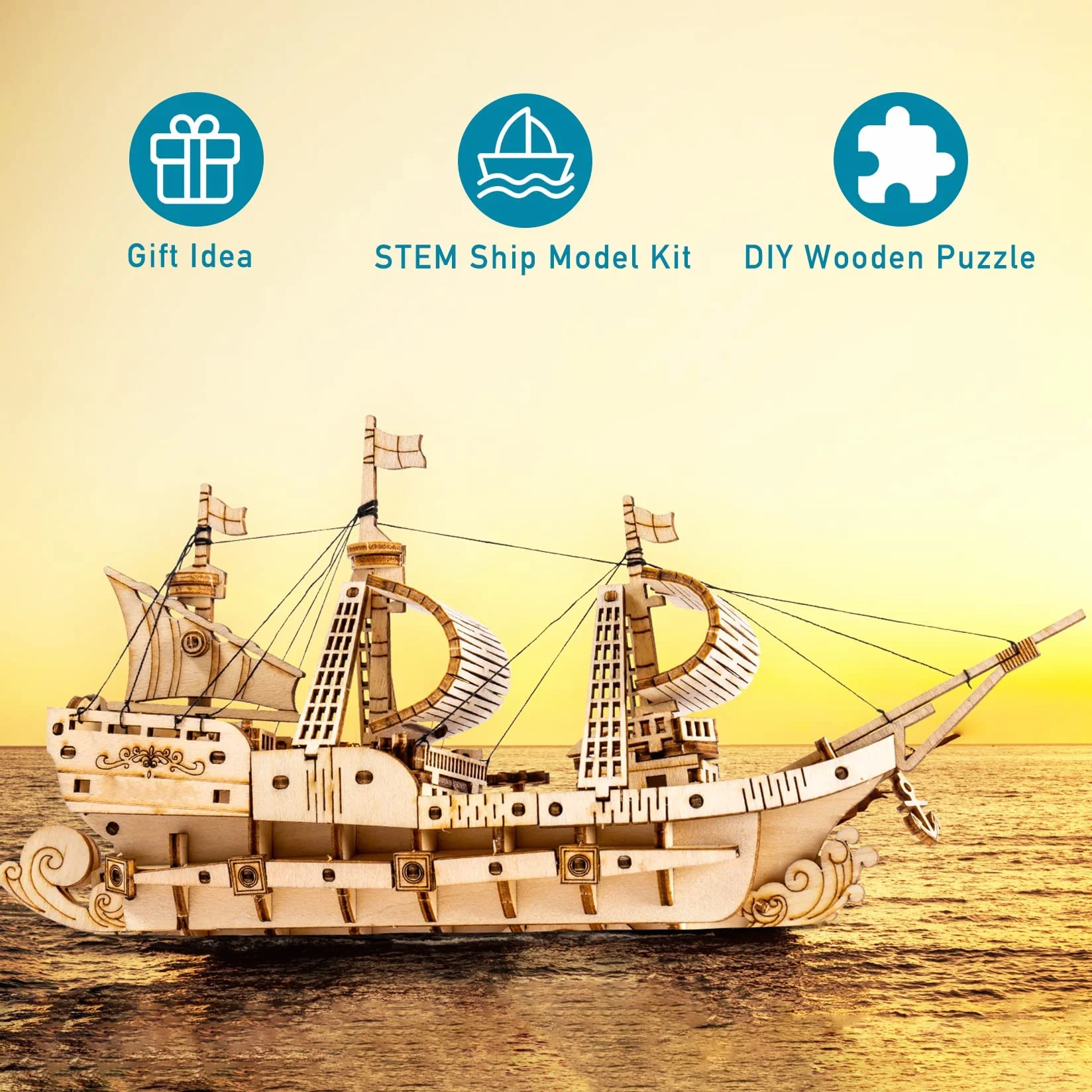 Robotime Puzzle 3D in legno per bambini e adulti Kit di costruzione di barche Rompicapo artigianale Kit fai-da-te per bambini dagli 8 anni in su (Veliero)