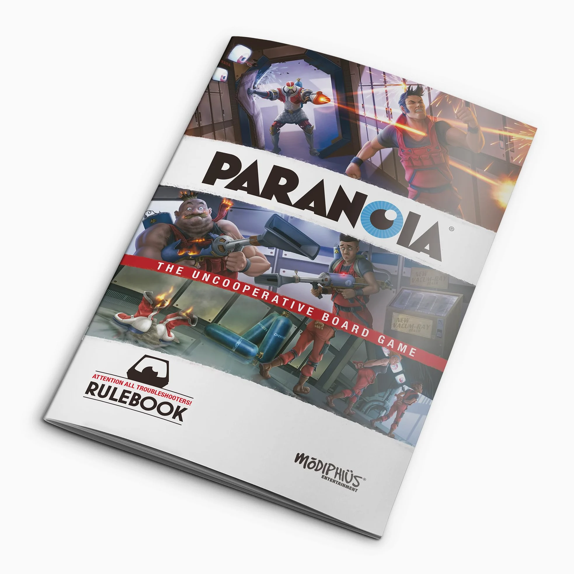 Paranoia: The Uncooperative - Tradimento strategico e sopravvivenza nel complesso alfa, ideale per serate di gioco con adulti, età 14+, 2-6 giocatori, 120 minuti di gioco, prodotto da Modiphius