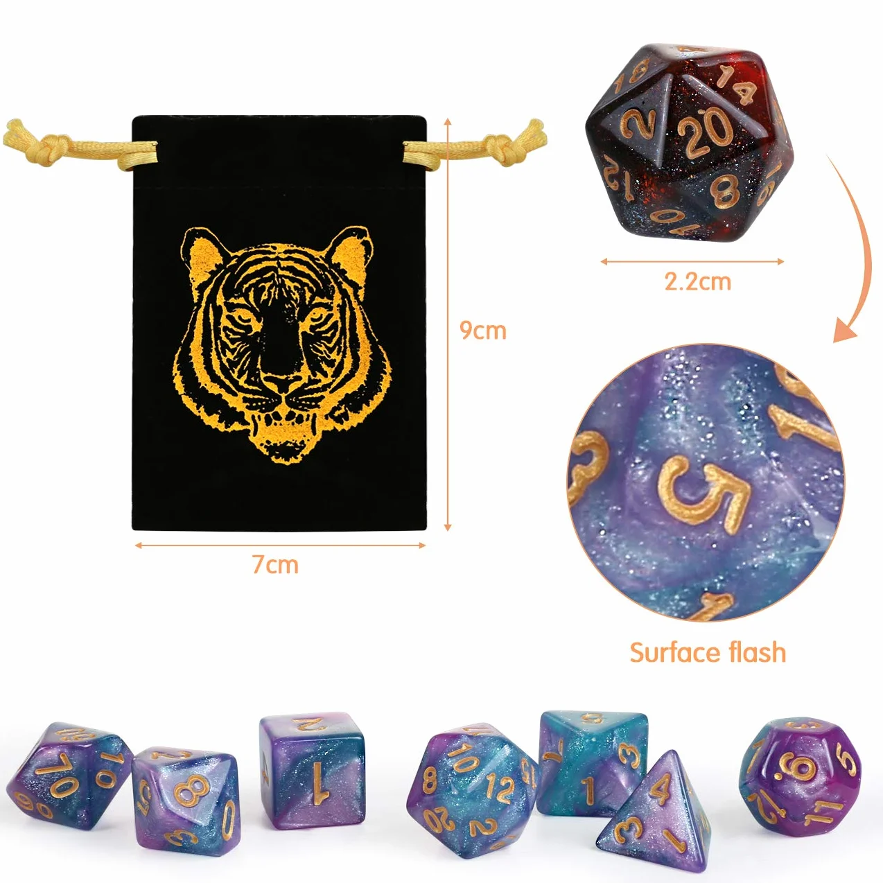 GWHOLE 42 Pezzi Set di Dadi Poliedrici a Due Colori per DND RPG, Dadi in Acrilico con Effetto Galassia e Numeri Oro Ben Visibili, Inclusi 6 Sacchetti in Velluto per Giochi da Tavolo e MTG