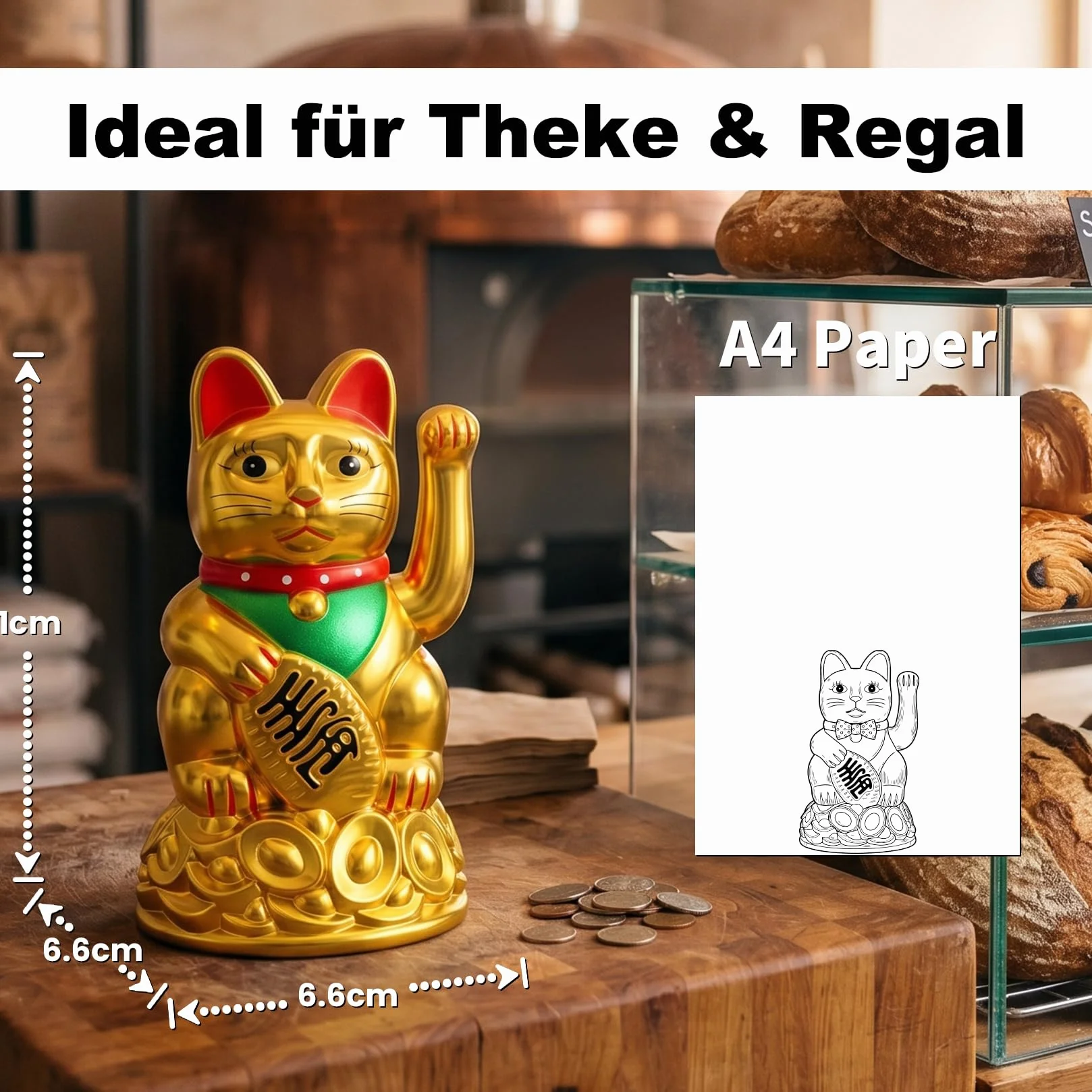 Starlet24 - Gatto portafortuna “Maneki Neko” con zampina che si muove, per feng shui, Plastica, gold, 11 cm