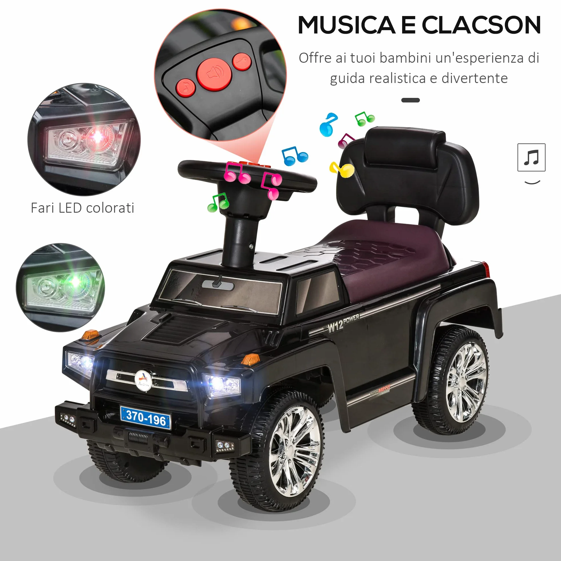 HOMCOM Macchina Giocattolo Cavalcabile Fuoristrada per Bambini, Fari e Musiche, 68x30.5x41.5cm, Nero